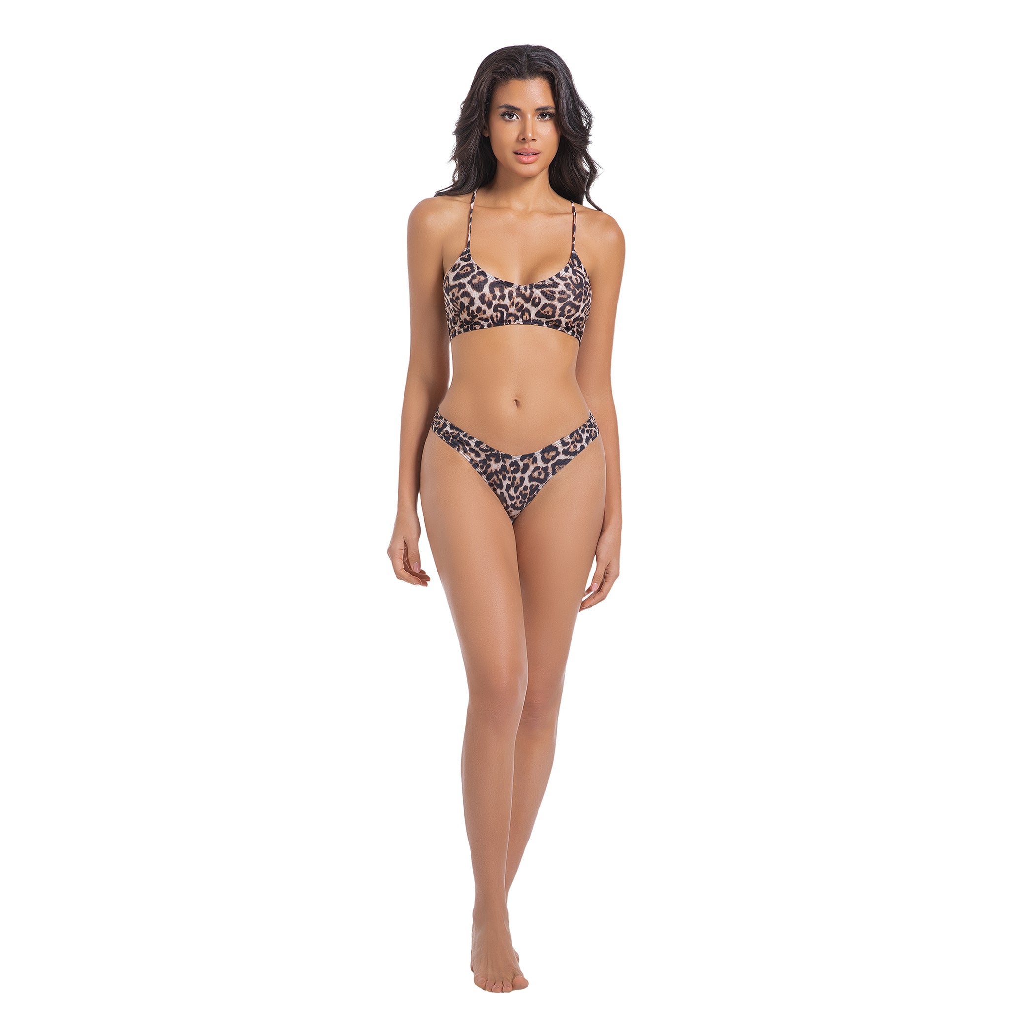 Minimiert Bräunungsstreifen Damen V-Ausschnitt Bikini Set – Leo Leopardenmuster Sonnenbad Durchlässig UV-Durchlässig Damen Badeanzug – Überkreuzter Rücken Weiblicher 2-Teiliger Badeanzug