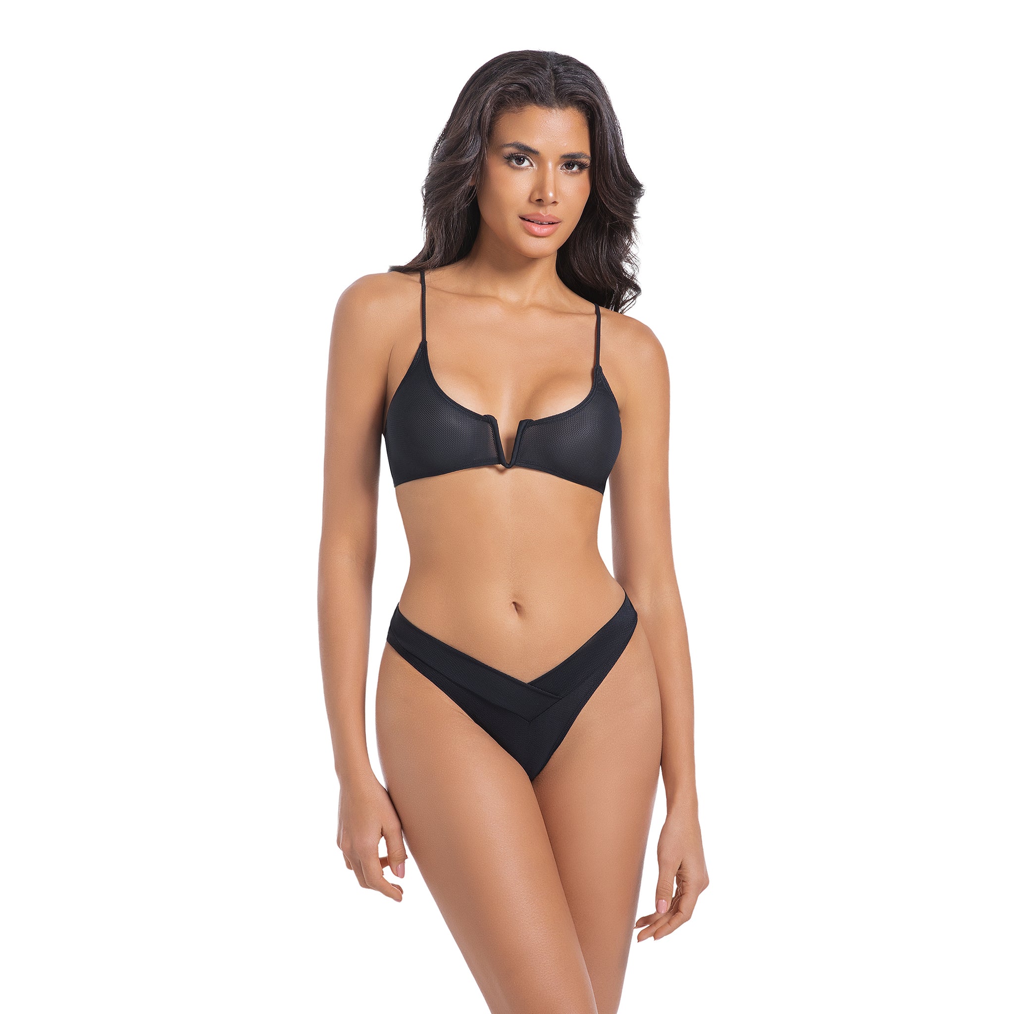 Tan Through Bikini-Set Minimiert Bräunungslinien - Sonnenlichtdurchlässiger Zweiteiliger Badeanzug - Hinten gebundener Ausschnitt Spaghettiträger Badeanzug, Onyx Schwarz