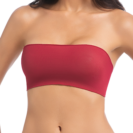 Damen Kirschrot-Tan-Through-Bikini-Set – Trägerloser Bandeau 2-Teiler Bademode – Minimiert Bräunungsstreifen UV-durchlässiger Damen-Badeanzug mit Rippmuster und großer Schleife am Rücken