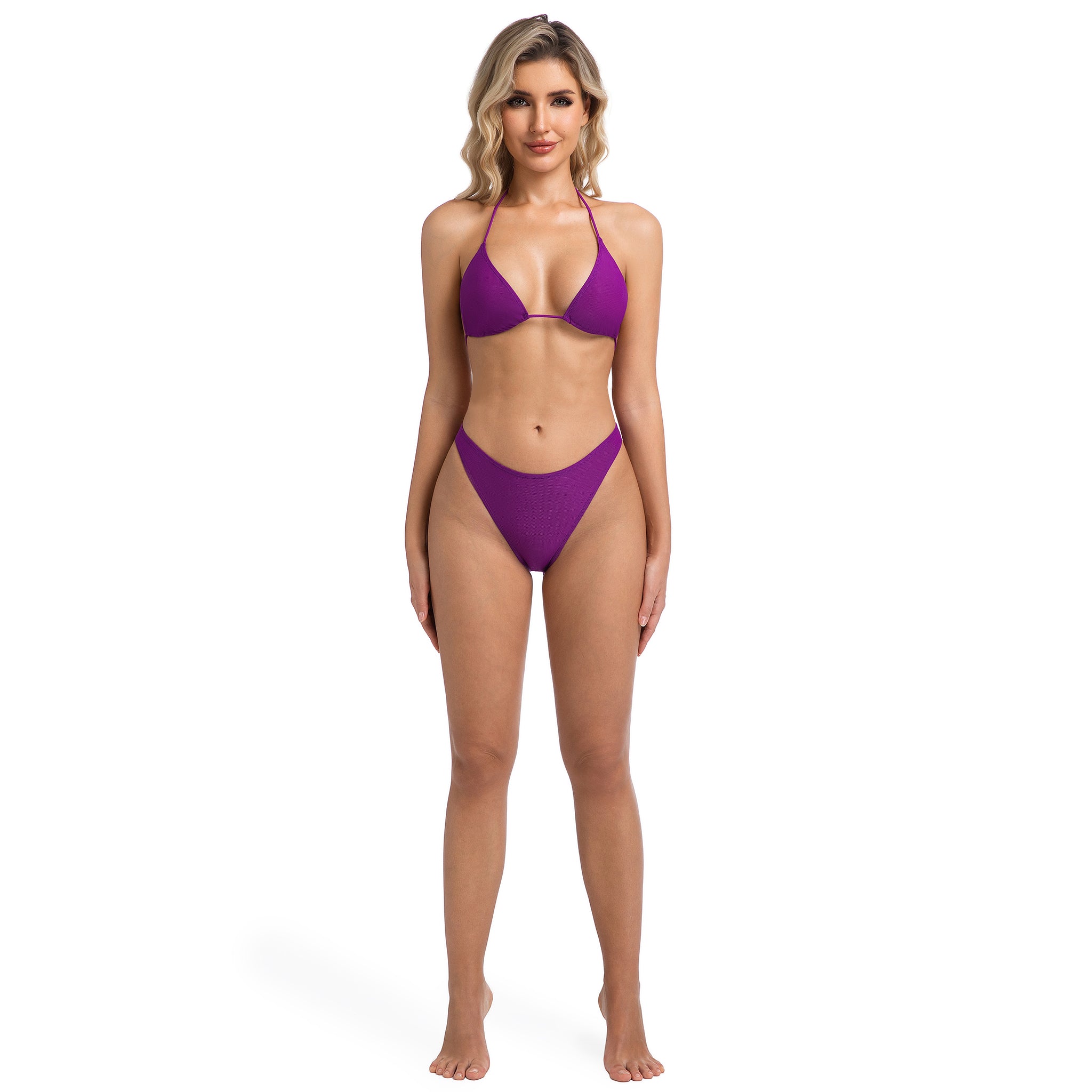 Zweiteiliges Neckholder Triangel Bikini-Set für Damen Violett - Strukturiertes geripptes Höschen mit tiefem Bund und hohem Beinausschnitt - Sonnenbad-Minimizer für Damen, einfarbig lila, Badeanzug Damen-Bademode