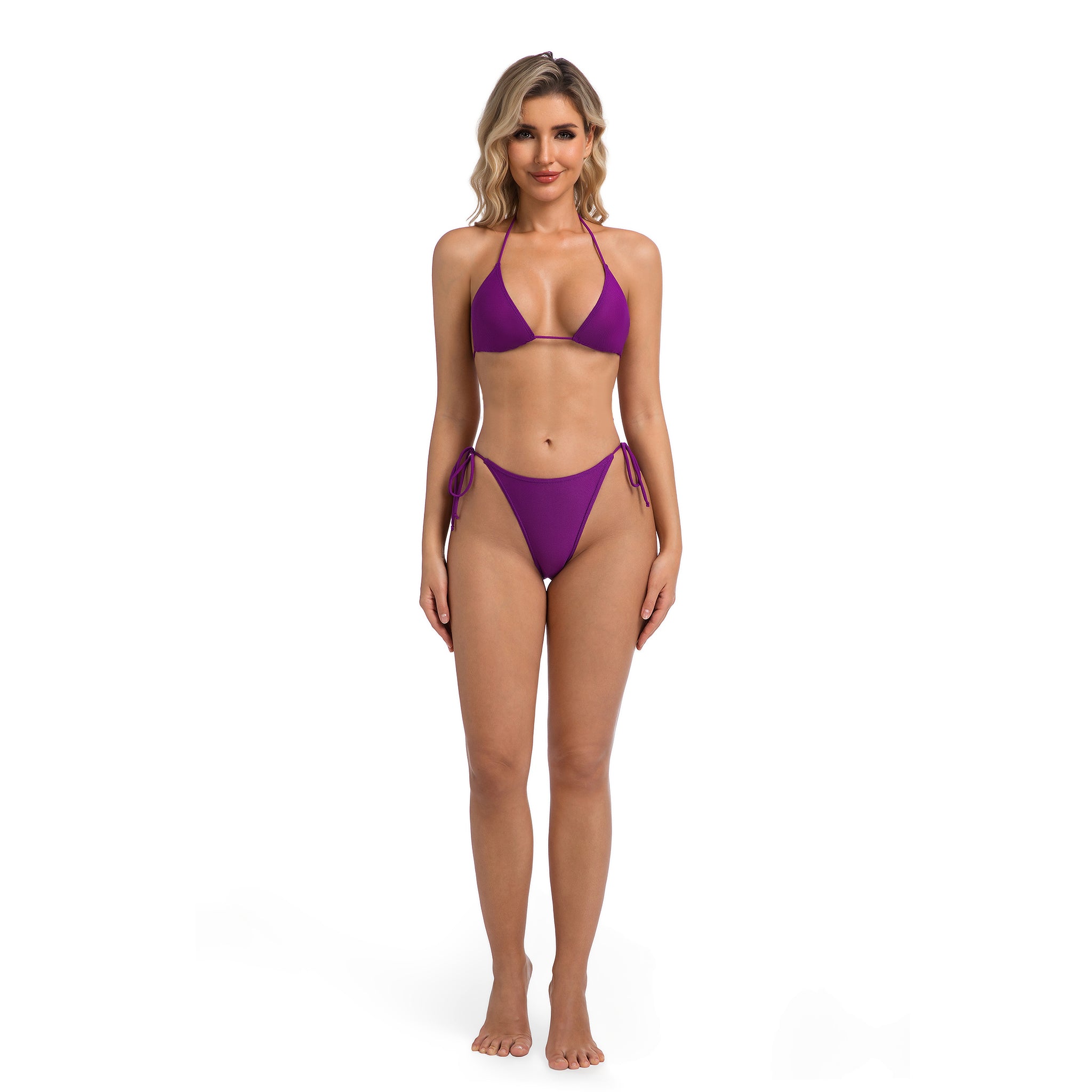 Tan Through Minimiert Sonnenbräune Trägerloses Triangel-Bikini-Set für Damen Violett – Strukturiertes, geripptes Damen-Bikiniunterteil mit seitlicher Schleife – Zweiteiliger einfarbiger lila Badeanzug für Damen Resort Wear