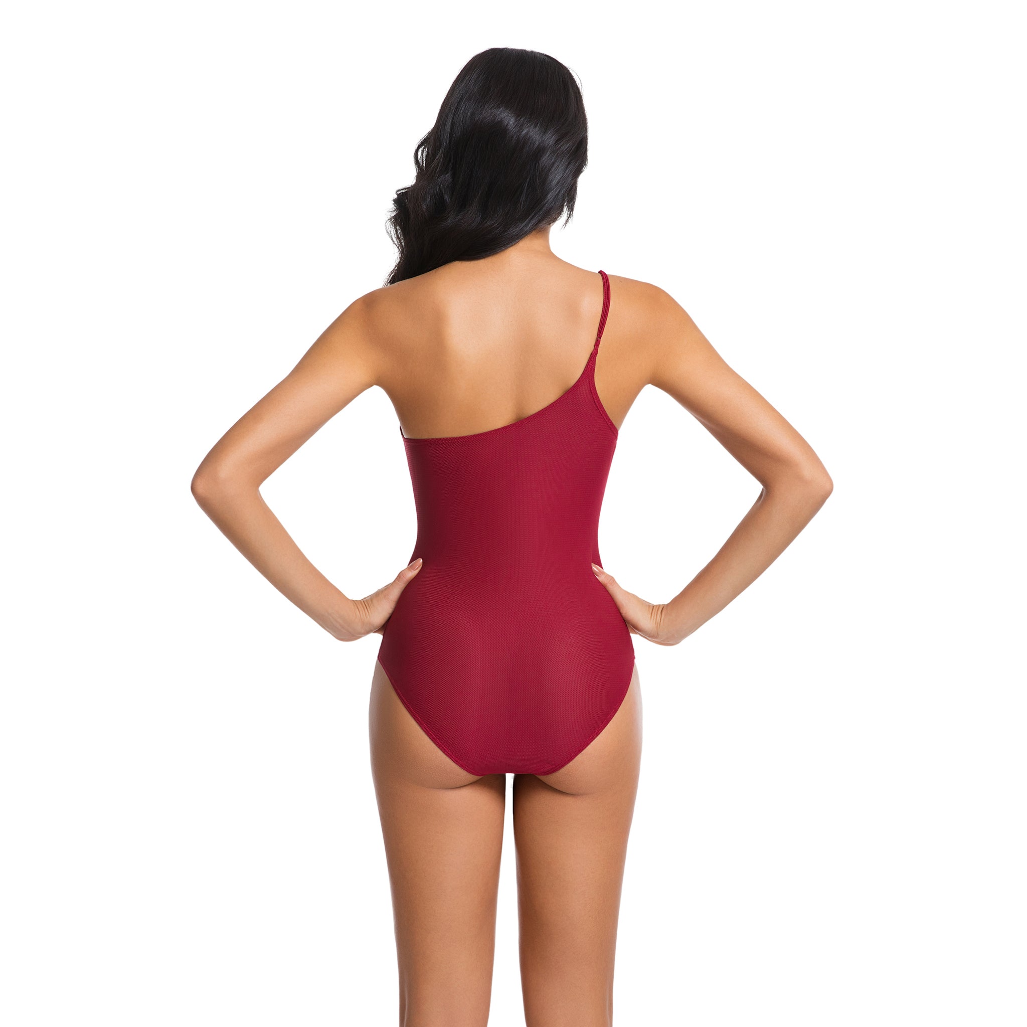 Damen Kirschroter Bräunungs-Badeanzug – Einteiliger asymmetrischer Ein-Schulter-Badeanzug – Minimiert Bräunungslinien, UV-durchlässige Damen-Bademode mit Rippenmuster und hohem Beinausschnitt