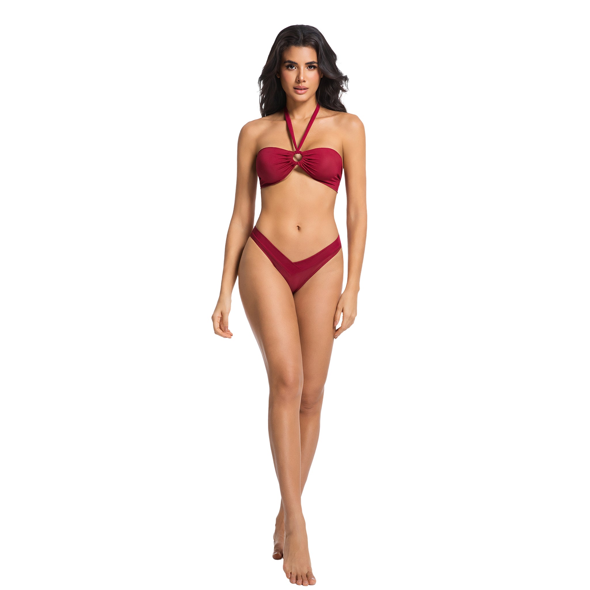 Damen kirschroter „Tan Through“ Bikini-Set – Neckholder mit Ringdetail, zweiteilige Bademode – Minimiert Bräunungslinien, UV-durchlässiger, gerippter V-Front High Cut Badeanzug für Damen