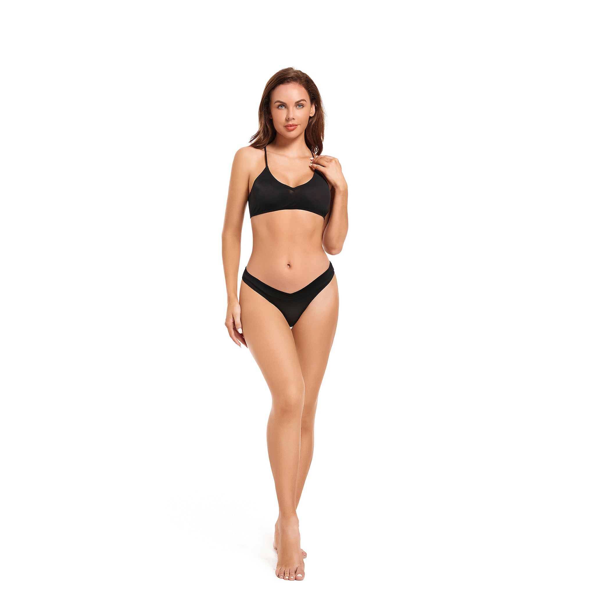 Minimiert Bräunungslinien Bikini-Set - Sonnen-durchlässiger Zweiteiler - Tankini mit überkreuzten Spaghettiträgern, Onyx Schwarz