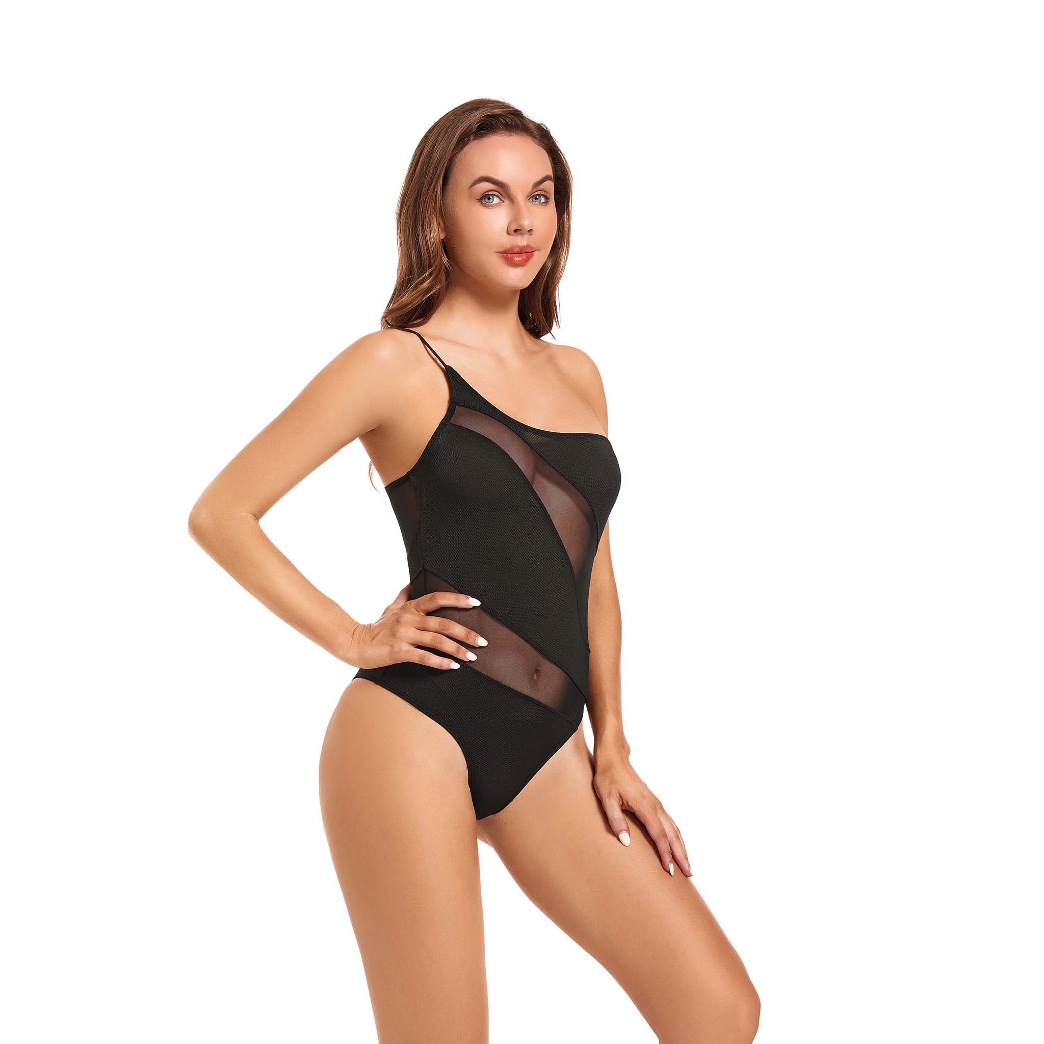 Schwarzer One-Shoulder-Monokini zum Bräunen für Damen – Asymmetrischer Mesh-Patchwork-Badeanzug