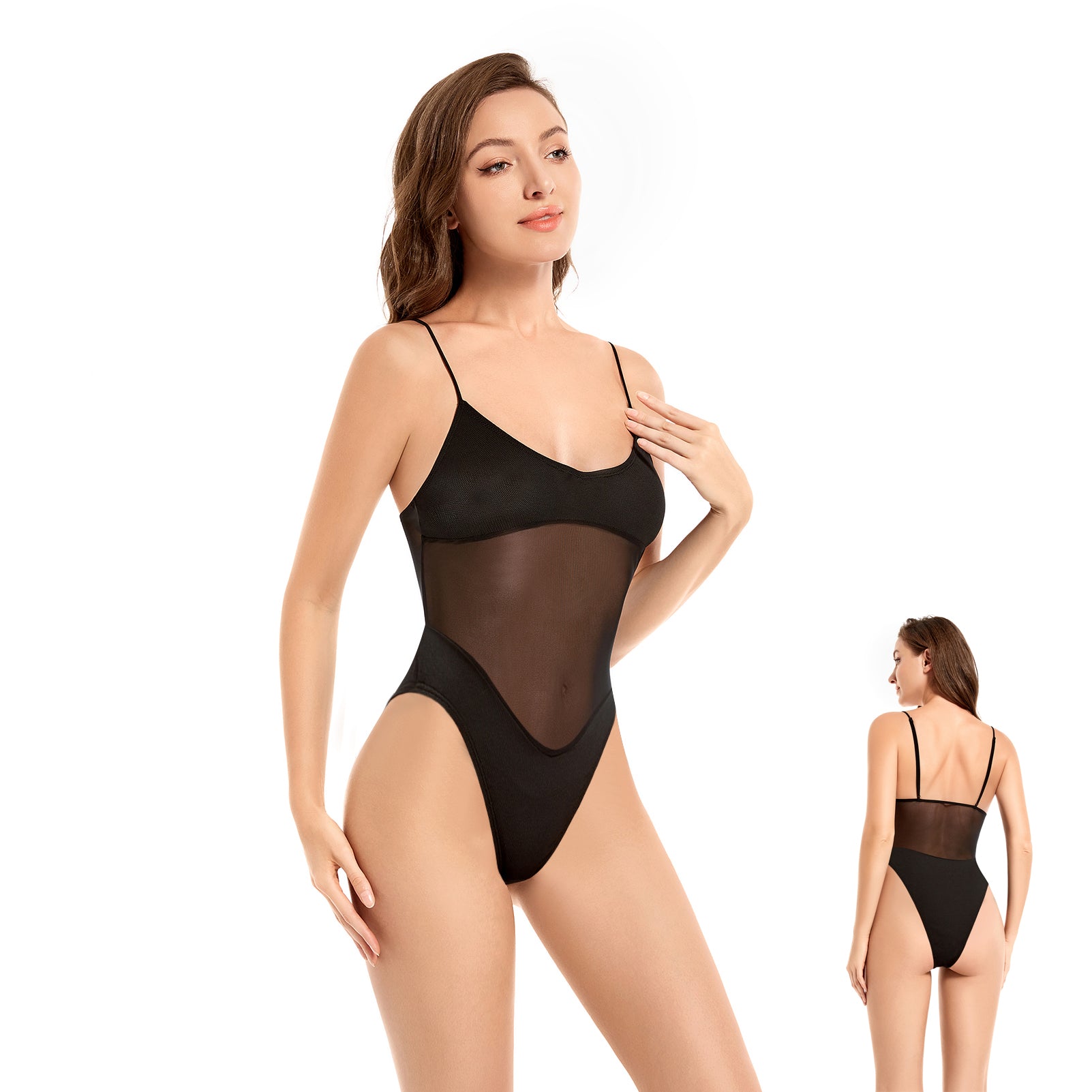 Schwarzer Tan-Through-Einteiler für Damen – Monokini-Bademode mit Mesh-Einsatz, schnell trocknend & atmungsaktiv, hoch geschnitten, Schwarz