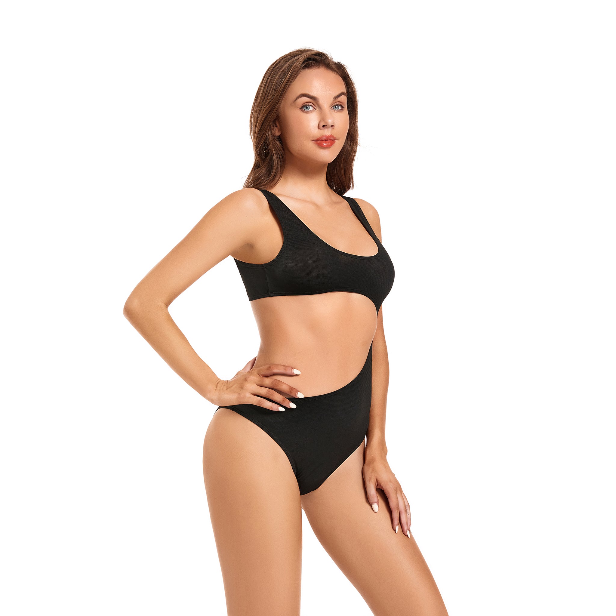 Damen Cutout Bräunungs-Monokini – Professioneller sonnendurchlässiger Monokini – Minimalistischer, schnelltrocknender hoch geschnittener Badeanzug, Schwarz
