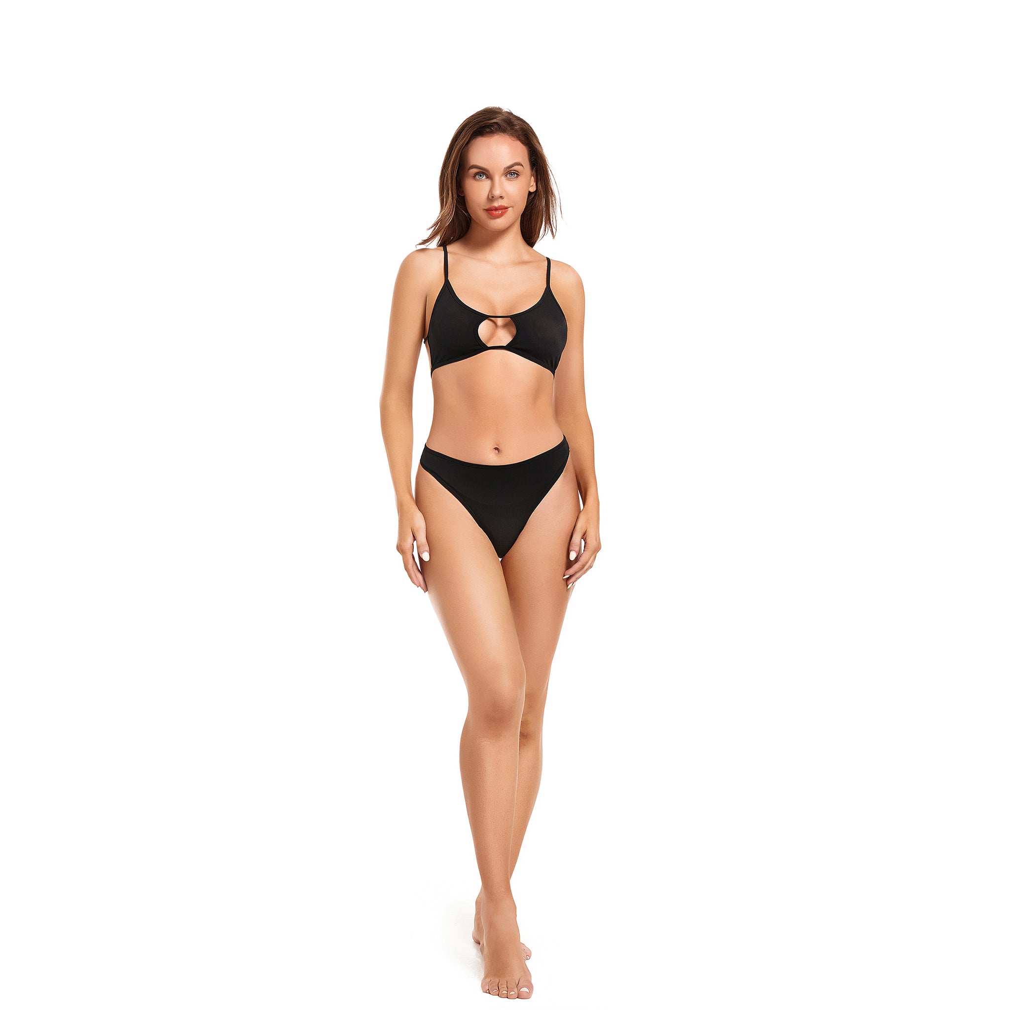 Tan Through Bikini Set – Minimiert Bräunungslinien UV-durchlässiger Badeanzug – Zweiteiliger Neckholder-Badeanzug mit Spaghetti-Trägern und festem Unterteil, Onyx-Schwarz