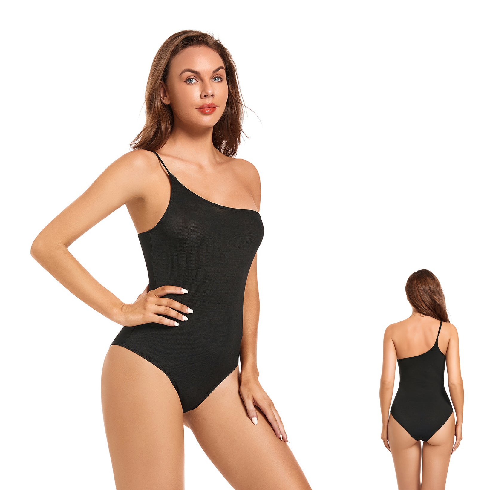 Eleganter One Shoulder Tan Through Einteiler-Badeanzug – Professioneller sonnendurchlässiger Monokini mit verstellbarem Träger – Glatter, schnelltrocknender High Cut Badeanzug, Schwarz