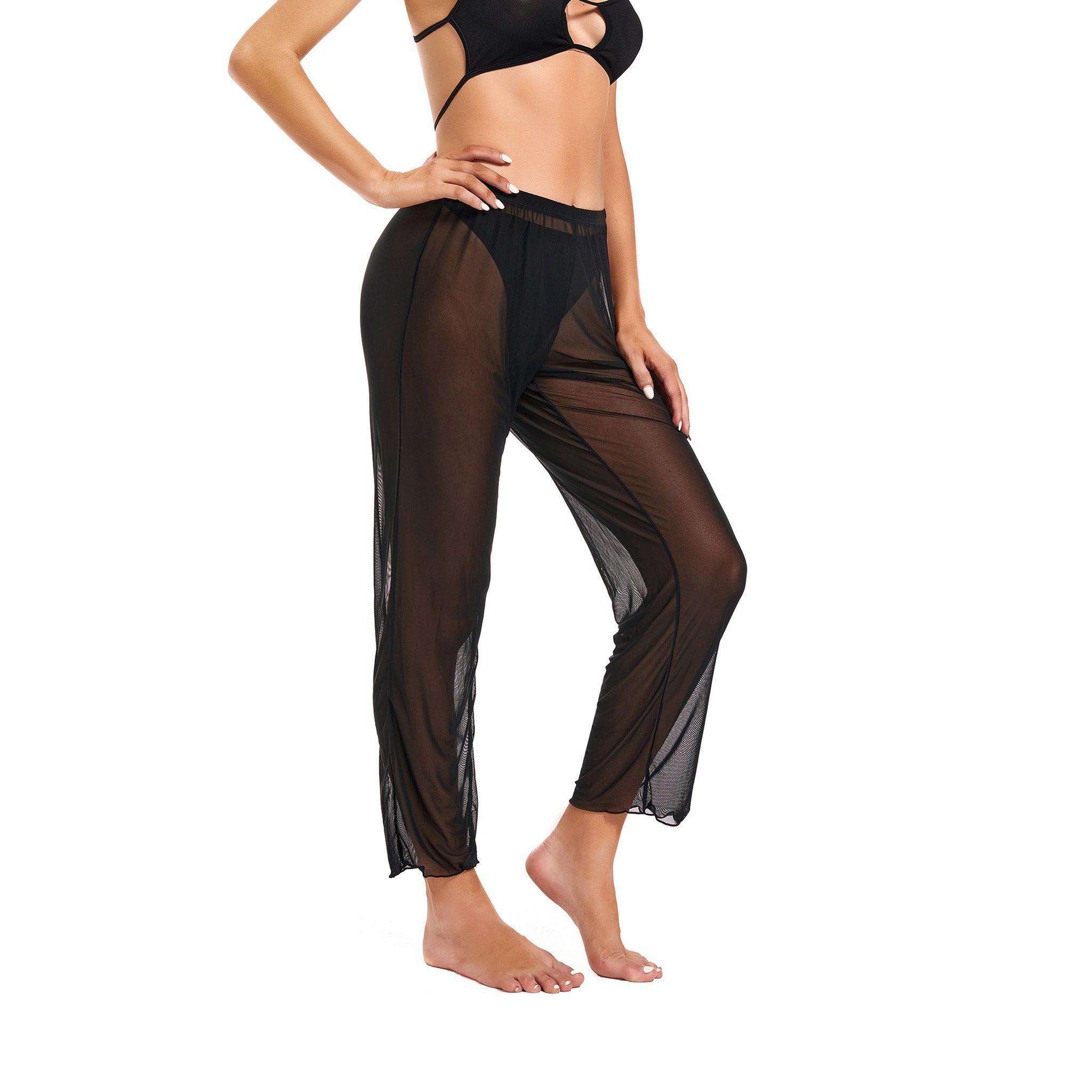 Durchbräunbare Strand-Cover-Up-Hose für Damen – Transparente Mesh-Hose mit hoher Taille und verkürztem Bein – Atmungsaktive, sonnendurchlässige Mesh-Leggings für Pool & Resort, Schwarz