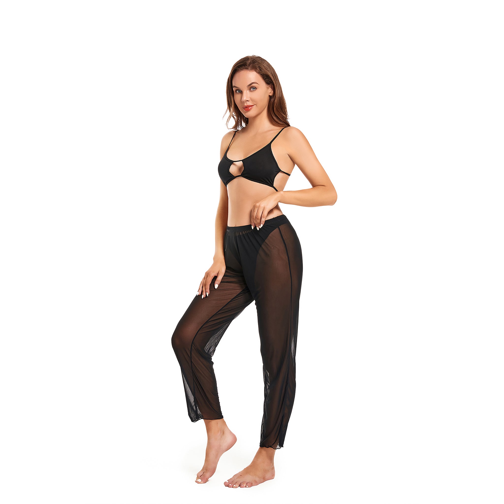 Durchbräunbare Strand-Cover-Up-Hose für Damen – Transparente Mesh-Hose mit hoher Taille und verkürztem Bein – Atmungsaktive, sonnendurchlässige Mesh-Leggings für Pool & Resort, Schwarz