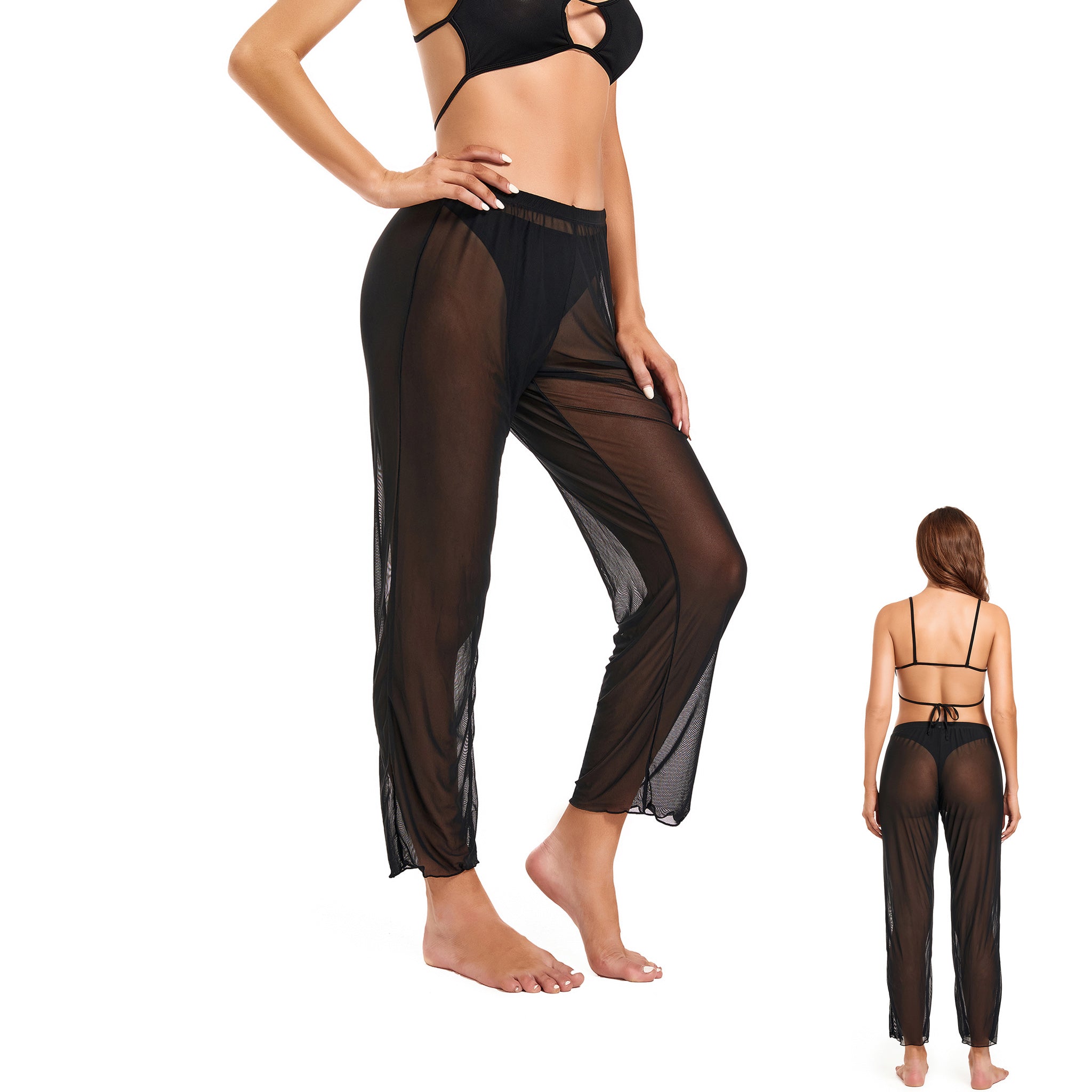 Durchbräunbare Strand-Cover-Up-Hose für Damen – Transparente Mesh-Hose mit hoher Taille und verkürztem Bein – Atmungsaktive, sonnendurchlässige Mesh-Leggings für Pool & Resort, Schwarz