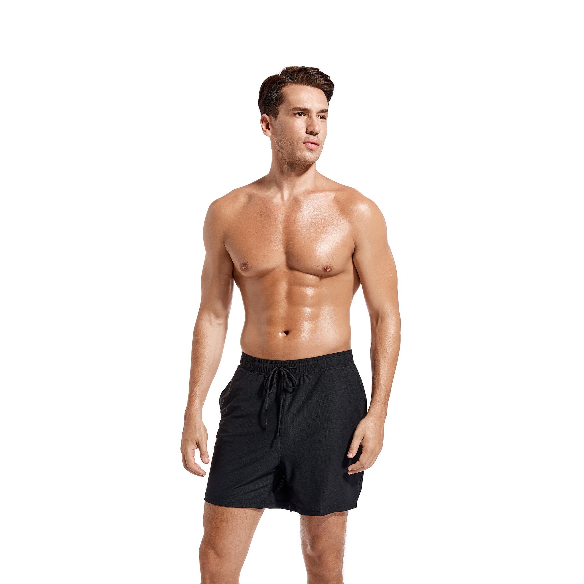 Herren Tan Through Badehose - Sonnenlichtdurchlässige Mesh-Strandshorts - Schnell trocknende, atmungsaktive Sommer-Bademode mit Kordelzug, Schwarz