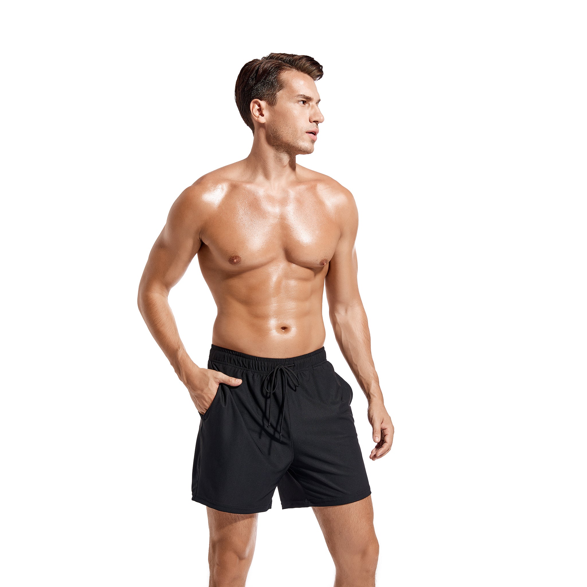 Herren Tan Through Badehose - Sonnenlichtdurchlässige Mesh-Strandshorts - Schnell trocknende, atmungsaktive Sommer-Bademode mit Kordelzug, Schwarz