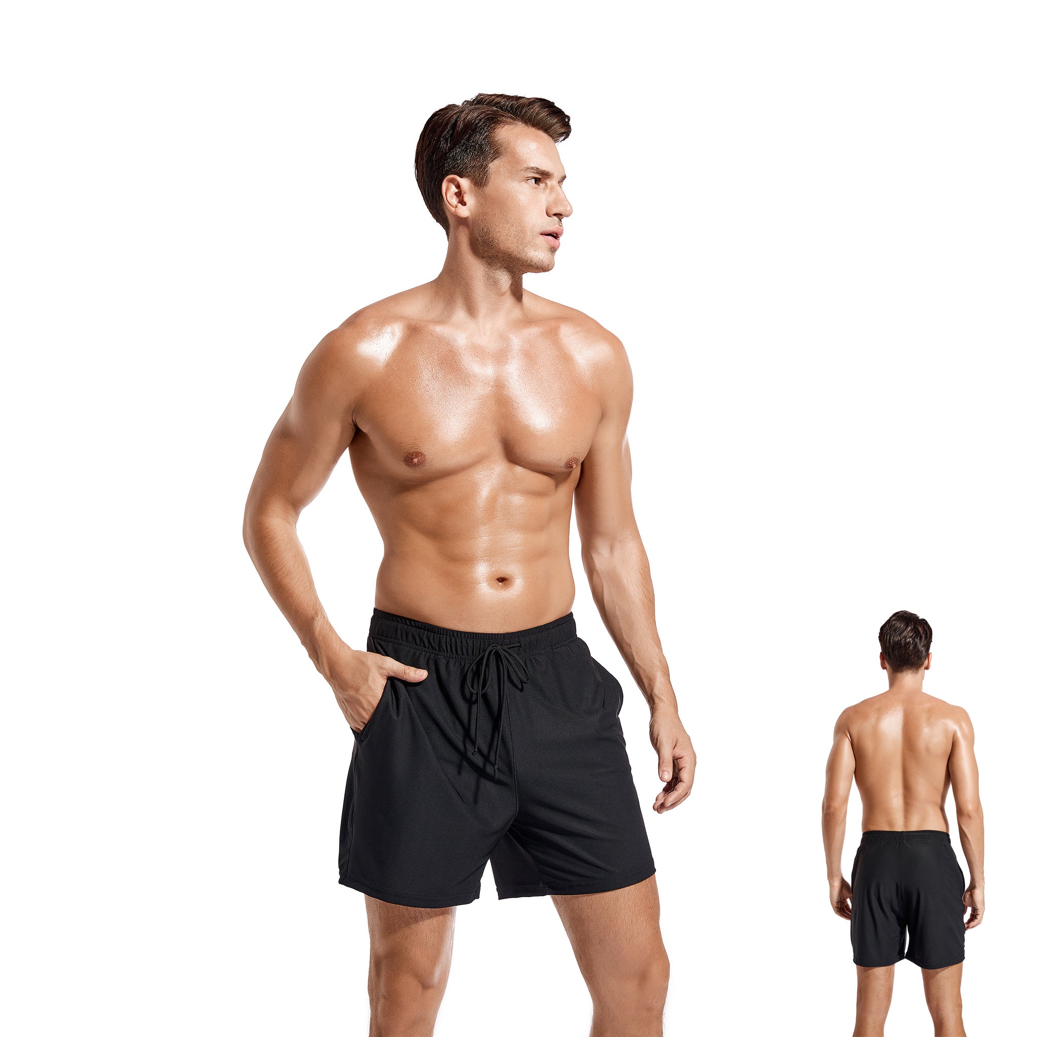 Herren Tan Through Badehose - Sonnenlichtdurchlässige Mesh-Strandshorts - Schnell trocknende, atmungsaktive Sommer-Bademode mit Kordelzug, Schwarz