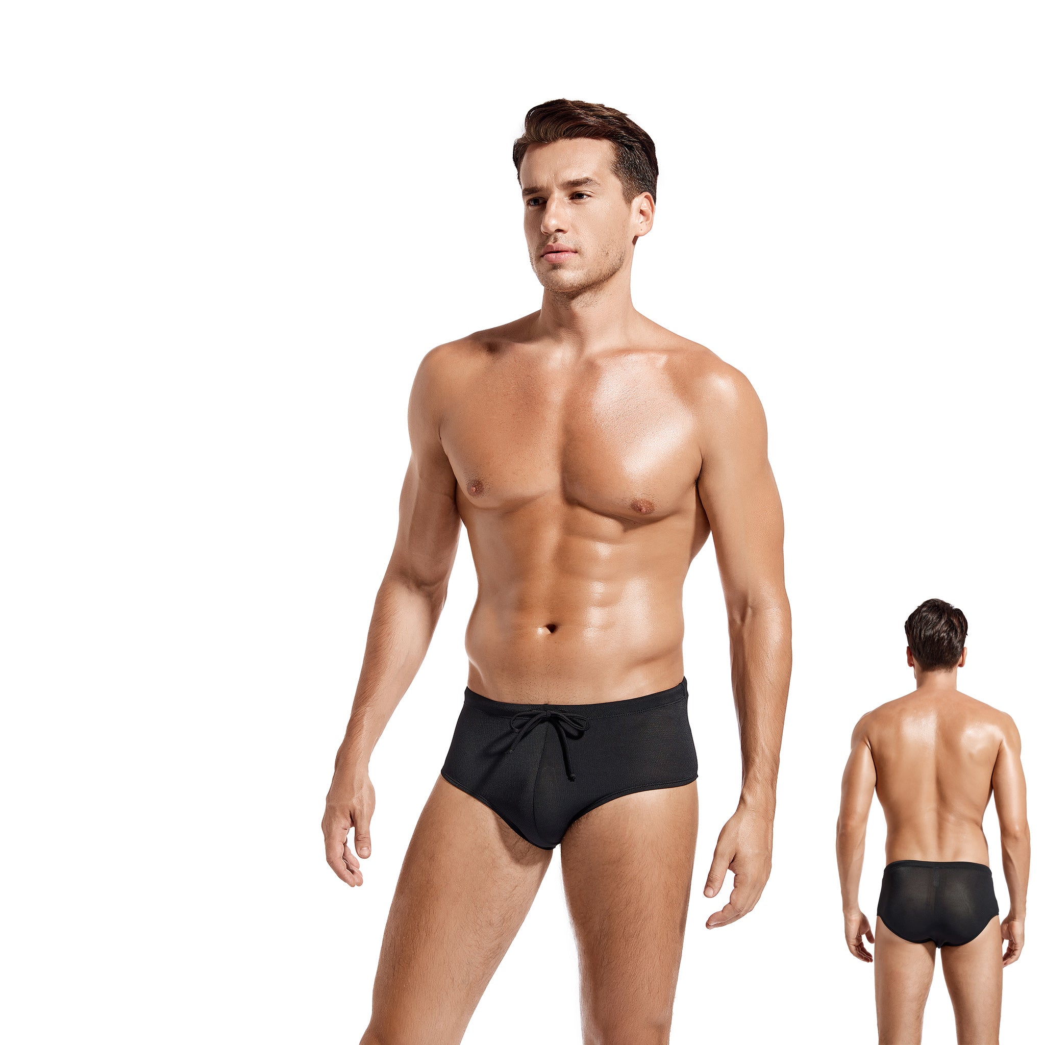 Herren Tan Through Badehose - Sonnenlichtdurchlässige Mesh-Bademode - Atmungsaktive, schnell trocknende Bikini-Badehose mit verstellbarem Kordelzug, Mitternachtsschwarz