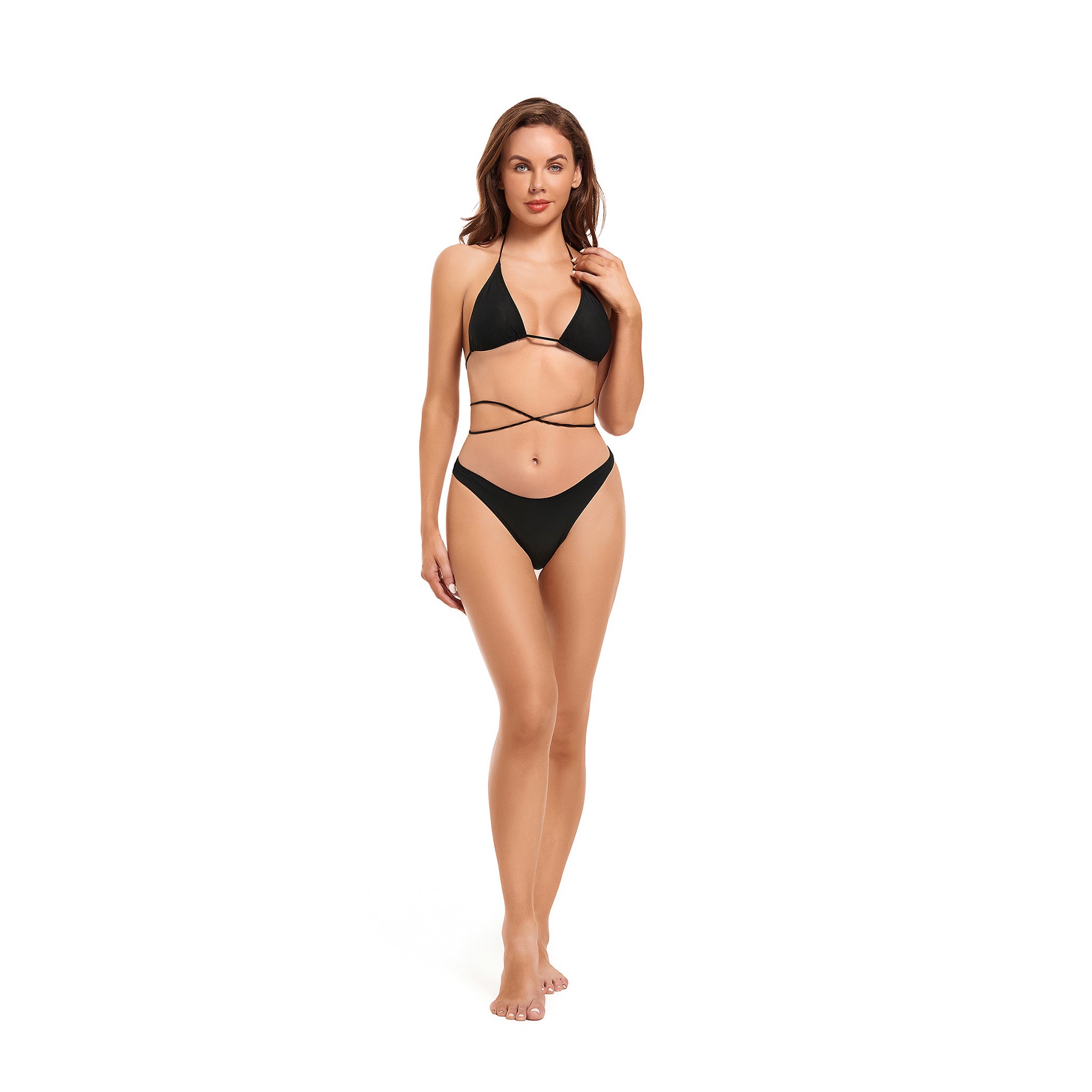 Durchbräunungs-Bikini-Set Minimiert Bräunungsstreifen – Sonnenlichtdurchlässiger zweiteiliger Badeanzug – Wickel-Neckholder mit festem Höschen, Onyxschwarz