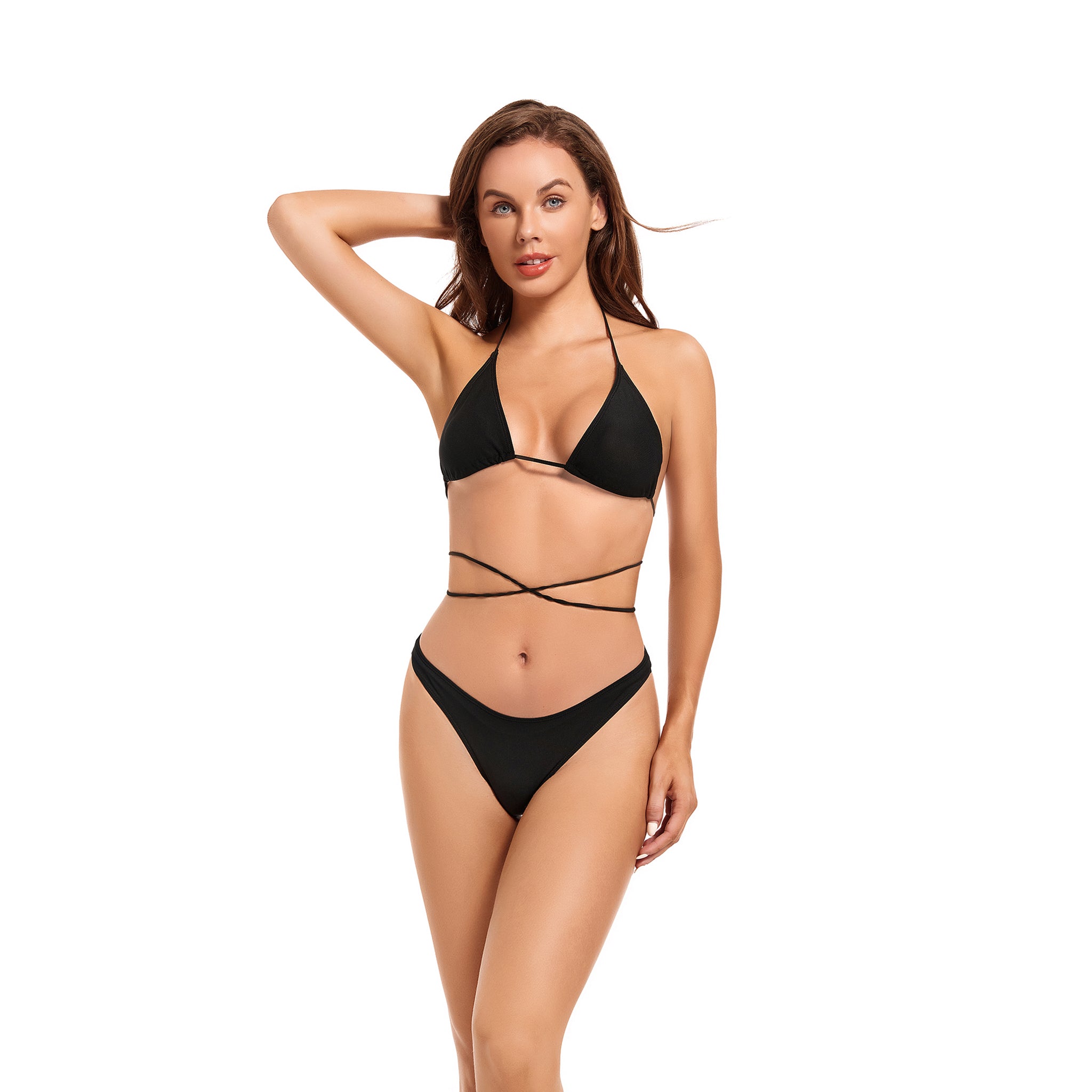 Durchbräunungs-Bikini-Set Minimiert Bräunungsstreifen – Sonnenlichtdurchlässiger zweiteiliger Badeanzug – Wickel-Neckholder mit festem Höschen, Onyxschwarz