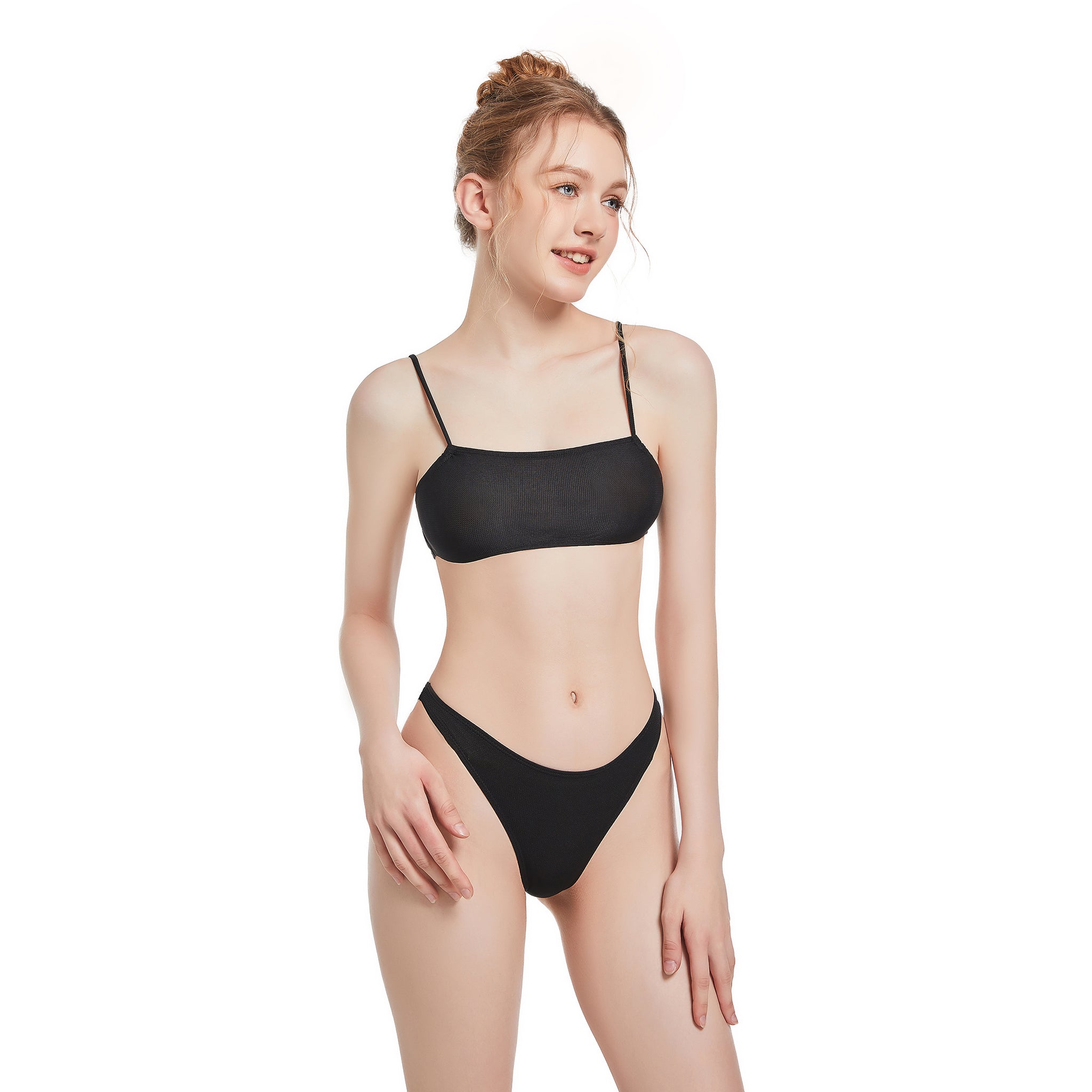 Minimiert Bräunungsstreifen Tan Through Bikini – Sonnendurchlässiger Zweiteiliger Badeanzug – Binde-Rücken Spaghetti-Träger Feste Hose Badeanzug, Onyx Schwarz