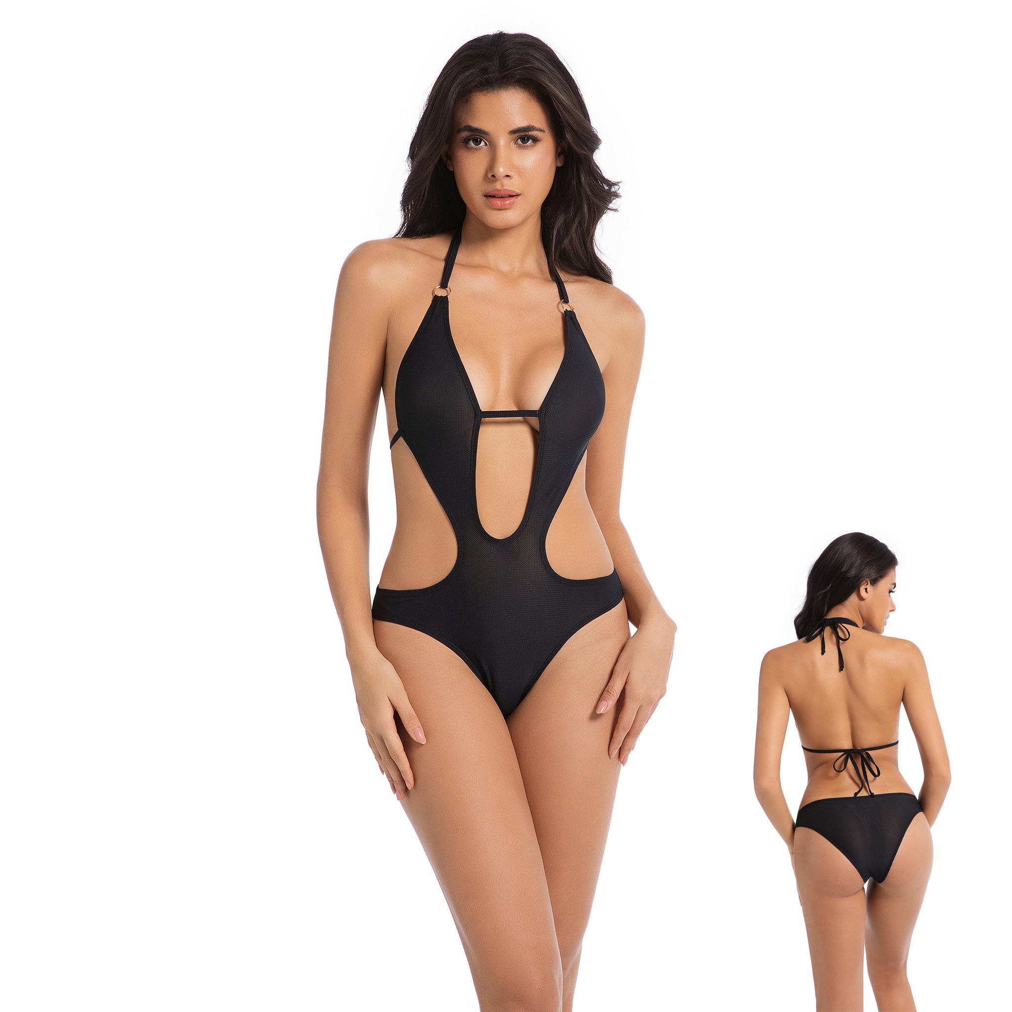 Minimiert Bräunungslinien Einteiliger Badeanzug – Sonnendurchlässiger Plunge Monokini – Atmungsaktiver, schnell trocknender Badeanzug mit Cutouts, Onyx-Schwarz