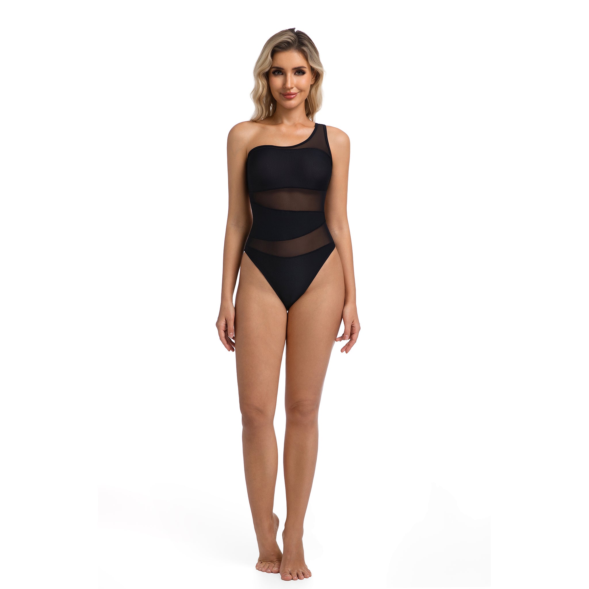 Einteiliger, schwarzer Damen-Badeanzug mit einer Schulter - Mesh-Einsatz Monokini für Damen - Gerippter Badeanzug mit offener Rückenpartie und hohem Beinausschnitt für minimale Bräunungsstreifen