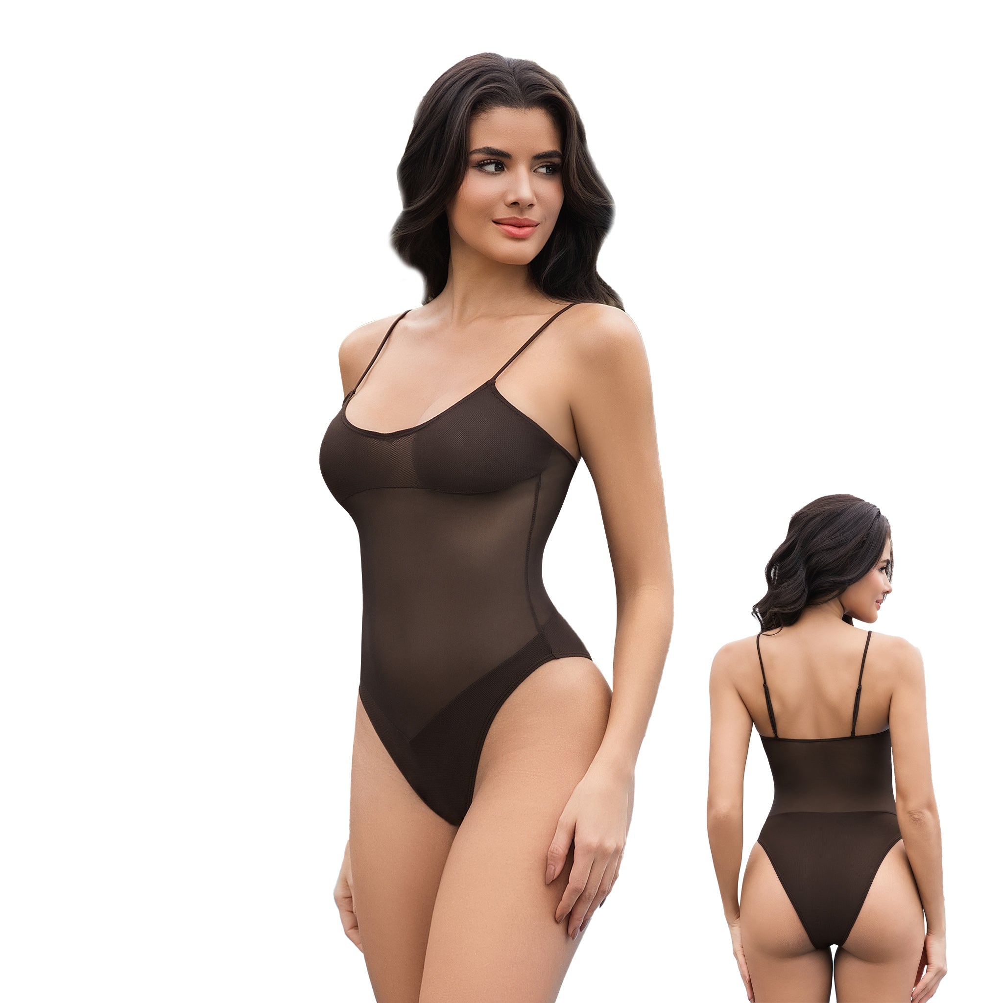 Damen brauner, durchbräunender Einteiler – Monokini mit durchsichtigen Netzeinsätzen an der Taille – Minimiert Bräunungslinien, UV-durchlässig, verstellbare Spaghettiträger, hoher Beinausschnitt