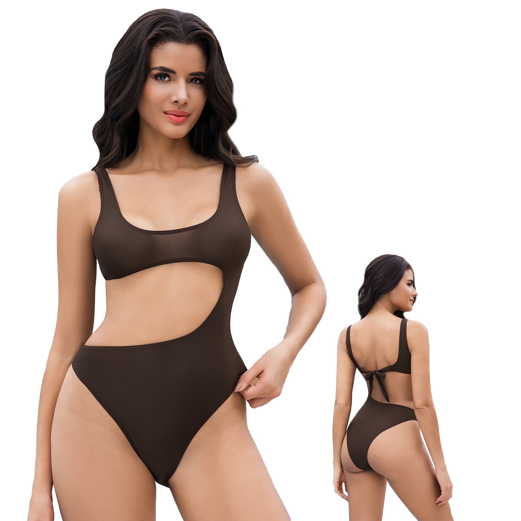 Damen Brauner Tan-Through Einteiler Badeanzug - Asymmetrischer seitlicher Cutout Gerippter Monokini - Minimiert Bräunungslinien UV-durchlässiger Damen Neckholder Hoher Beinausschnitt Badeanzug