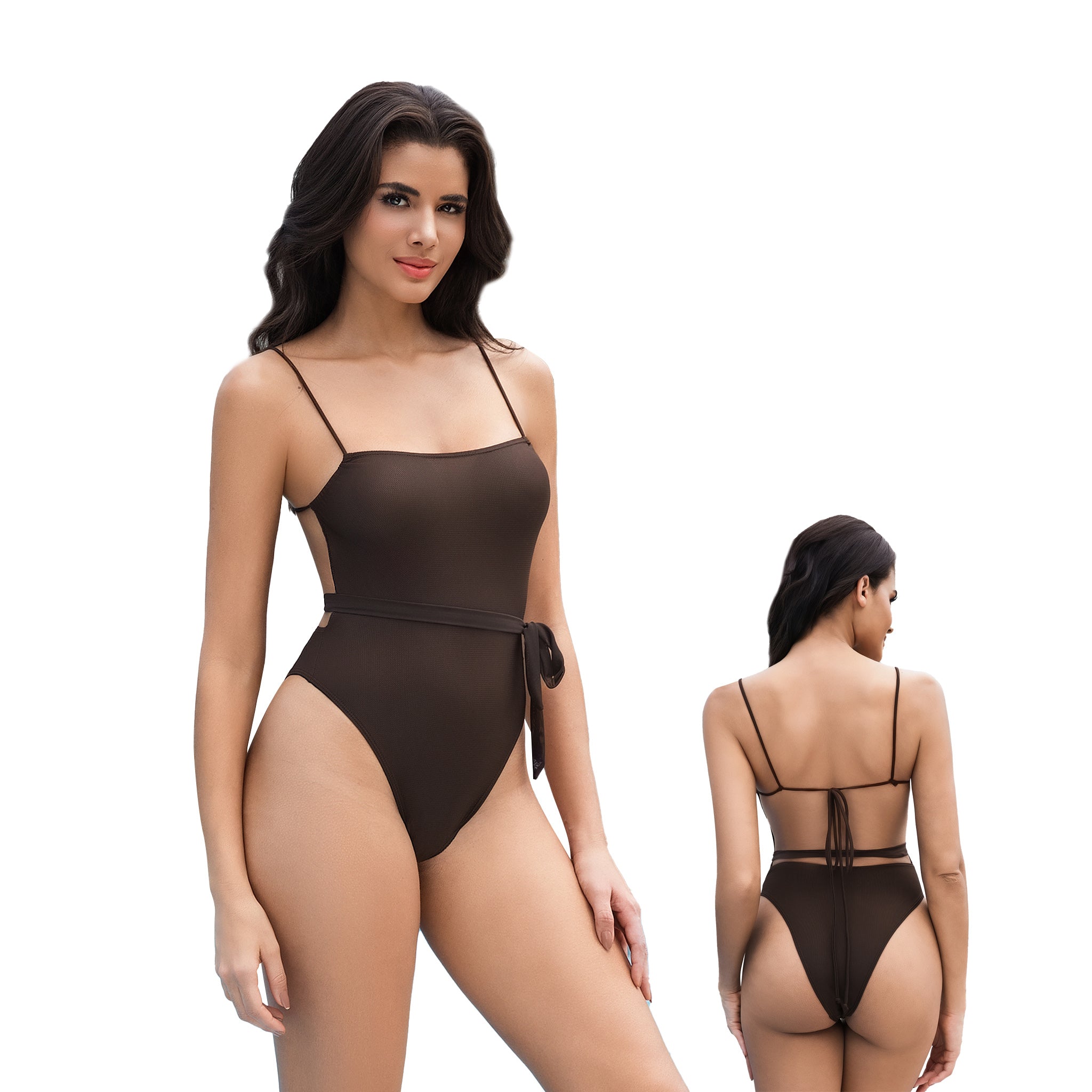 Damen Taillenschnür-Schwimmanzug mit Bräunungsfunktion – Brauner Monokini mit Schnürung am offenen Rücken – Minimiert Bräunungslinien, UV-durchlässig, Damen-Badeanzug mit eckigem Ausschnitt und hohem Beinausschnitt