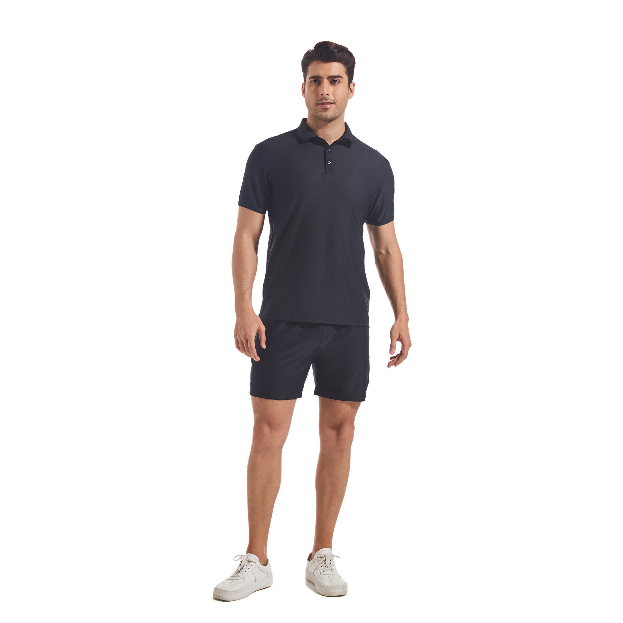 Herren Tan Through Poloshirt & Shorts Set in Schwarz - Sonnenlichtdurchlässige Technologie zur Minimierung von Bräunungslinien, Mesh-Badekleidung für Herren am Pool und Strand