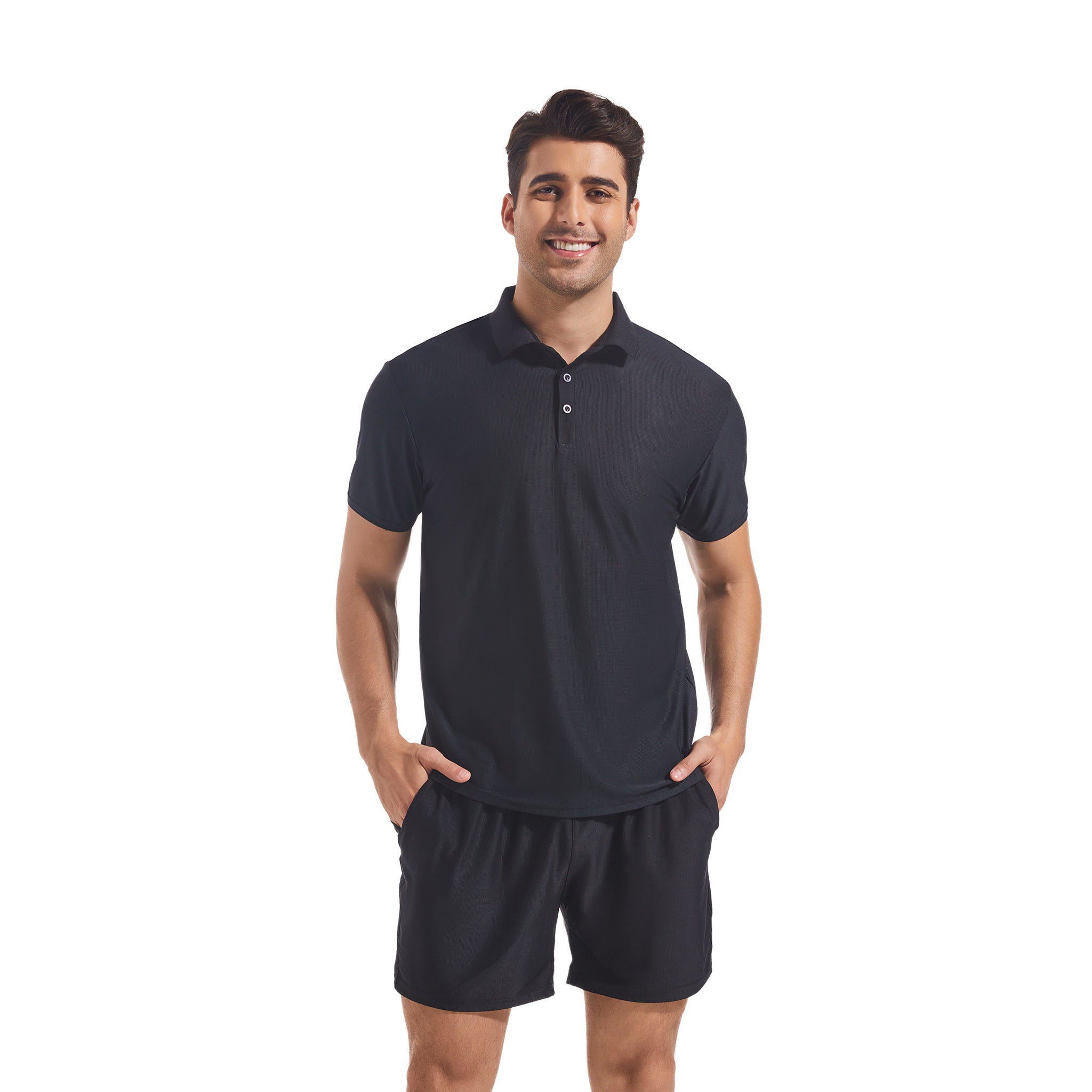 Herren Tan Through Poloshirt & Shorts Set in Schwarz - Sonnenlichtdurchlässige Technologie zur Minimierung von Bräunungslinien, Mesh-Badekleidung für Herren am Pool und Strand
