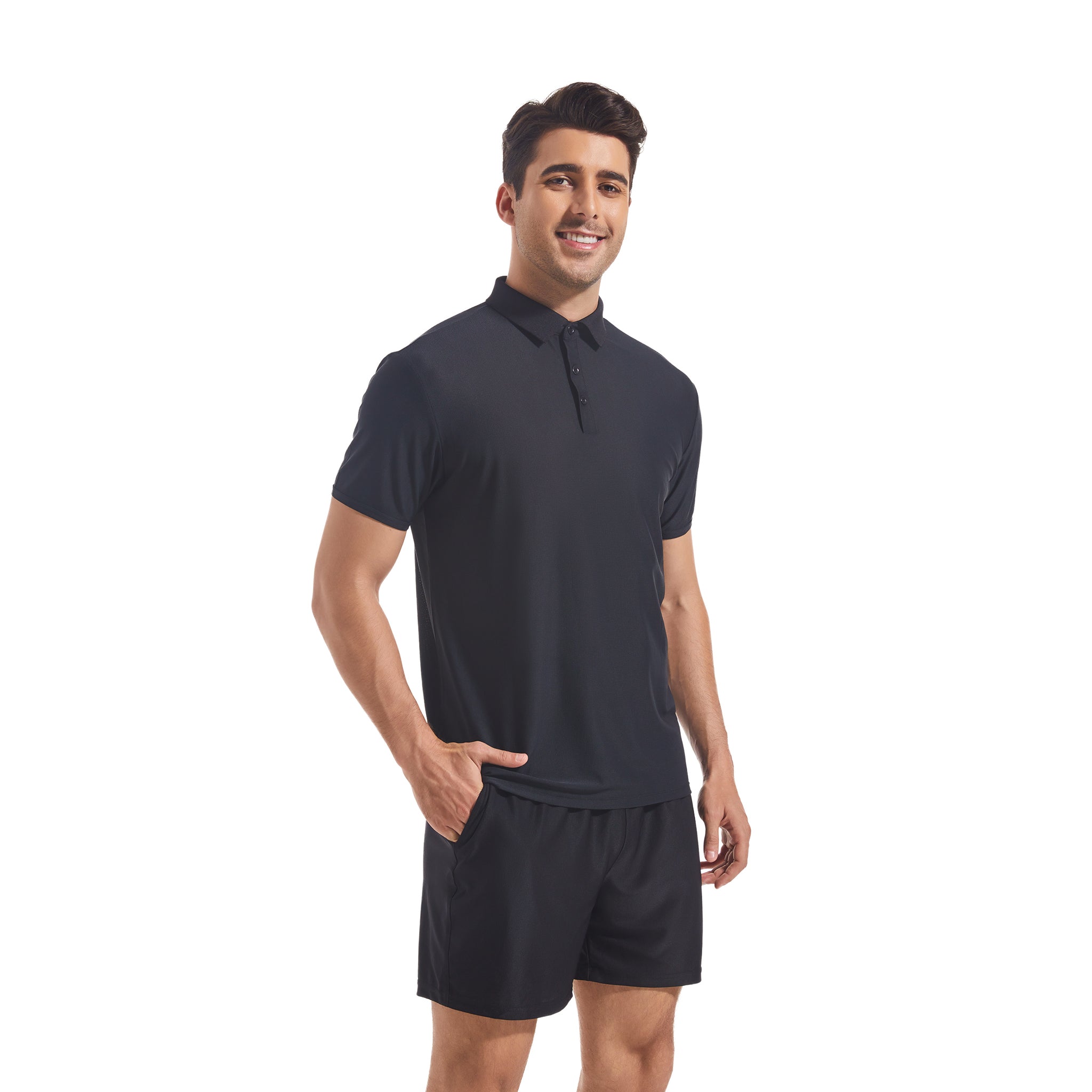 Herren Tan Through Poloshirt & Shorts Set in Schwarz - Sonnenlichtdurchlässige Technologie zur Minimierung von Bräunungslinien, Mesh-Badekleidung für Herren am Pool und Strand