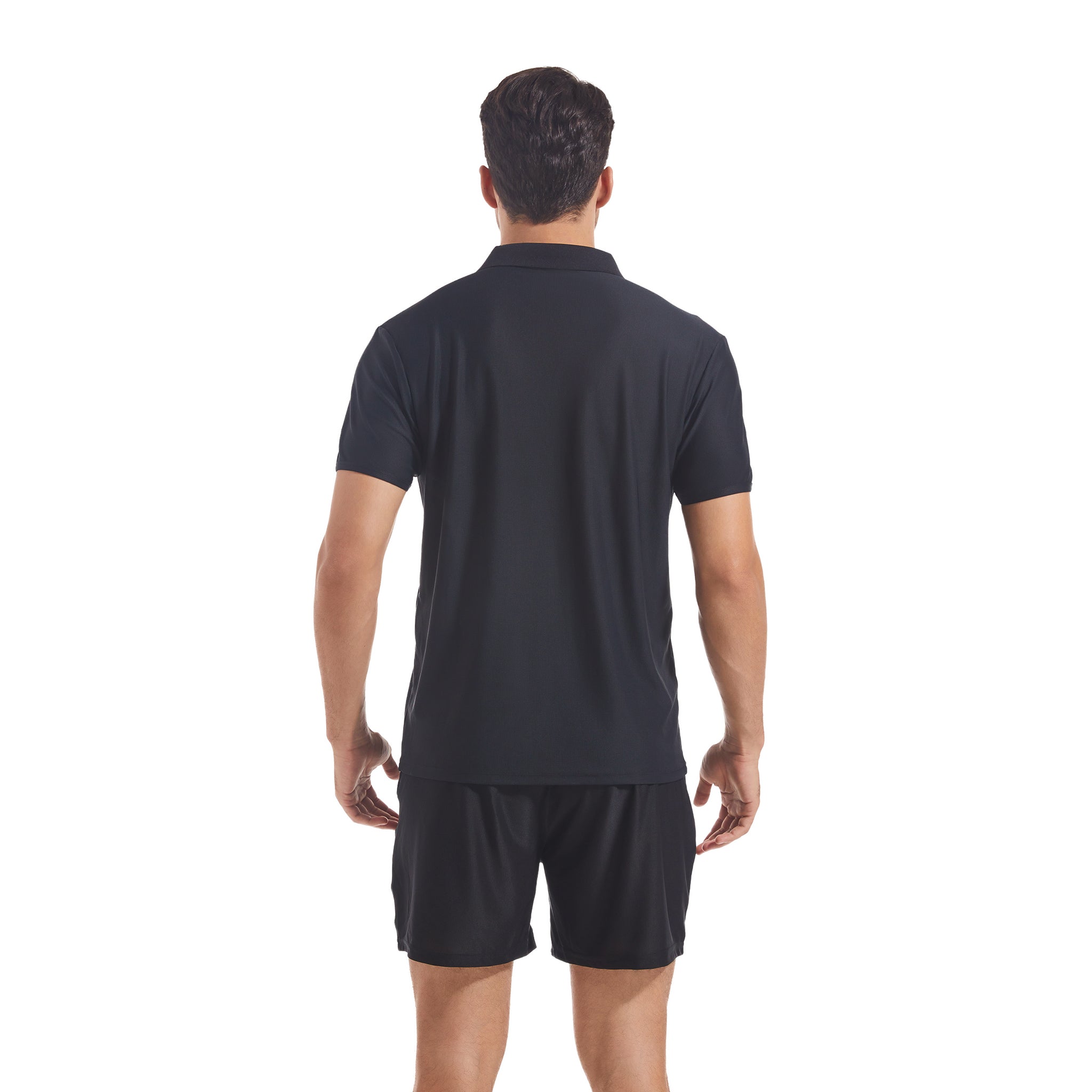 Herren Tan Through Poloshirt & Shorts Set in Schwarz - Sonnenlichtdurchlässige Technologie zur Minimierung von Bräunungslinien, Mesh-Badekleidung für Herren am Pool und Strand
