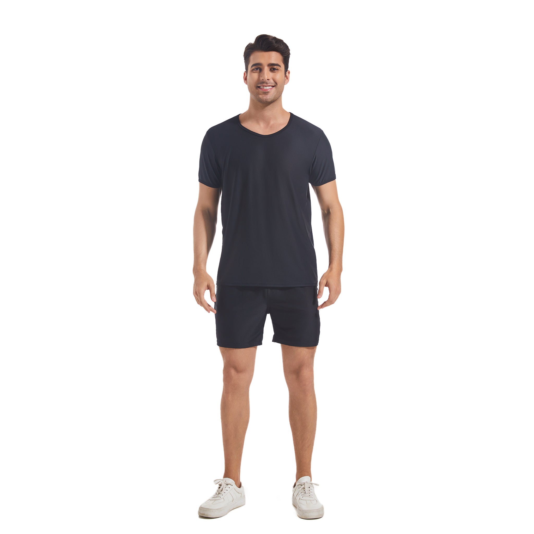 Schwarzes Rundhals-T-Shirt- & Shorts-Set für Herren – Bräunungsfreundlich, minimiert Bräunungslinien, sonnendurchlässige Netz-Bademode, Herren-Poolside-Sportbekleidung, mit Taschen