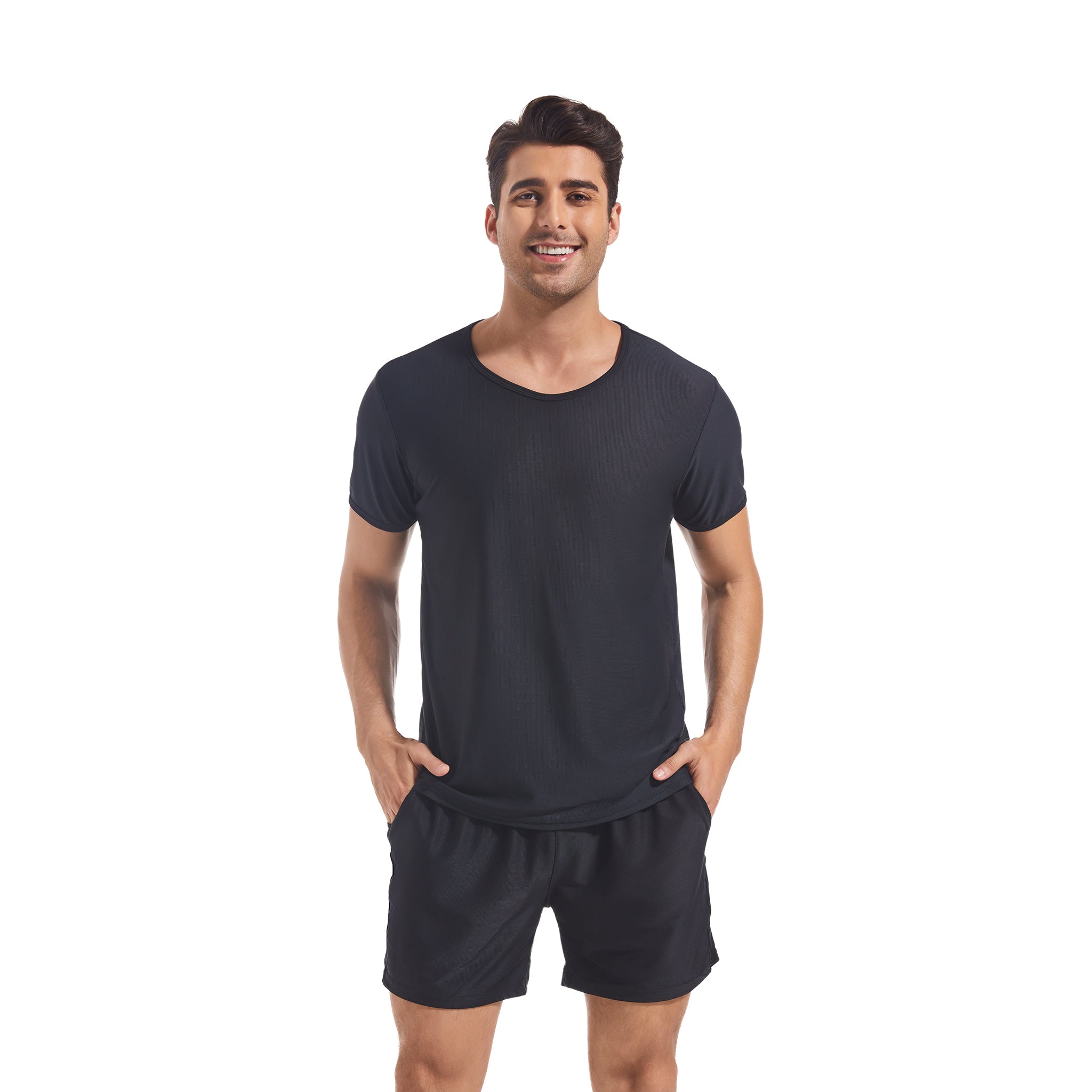Schwarzes Rundhals-T-Shirt- & Shorts-Set für Herren – Bräunungsfreundlich, minimiert Bräunungslinien, sonnendurchlässige Netz-Bademode, Herren-Poolside-Sportbekleidung, mit Taschen