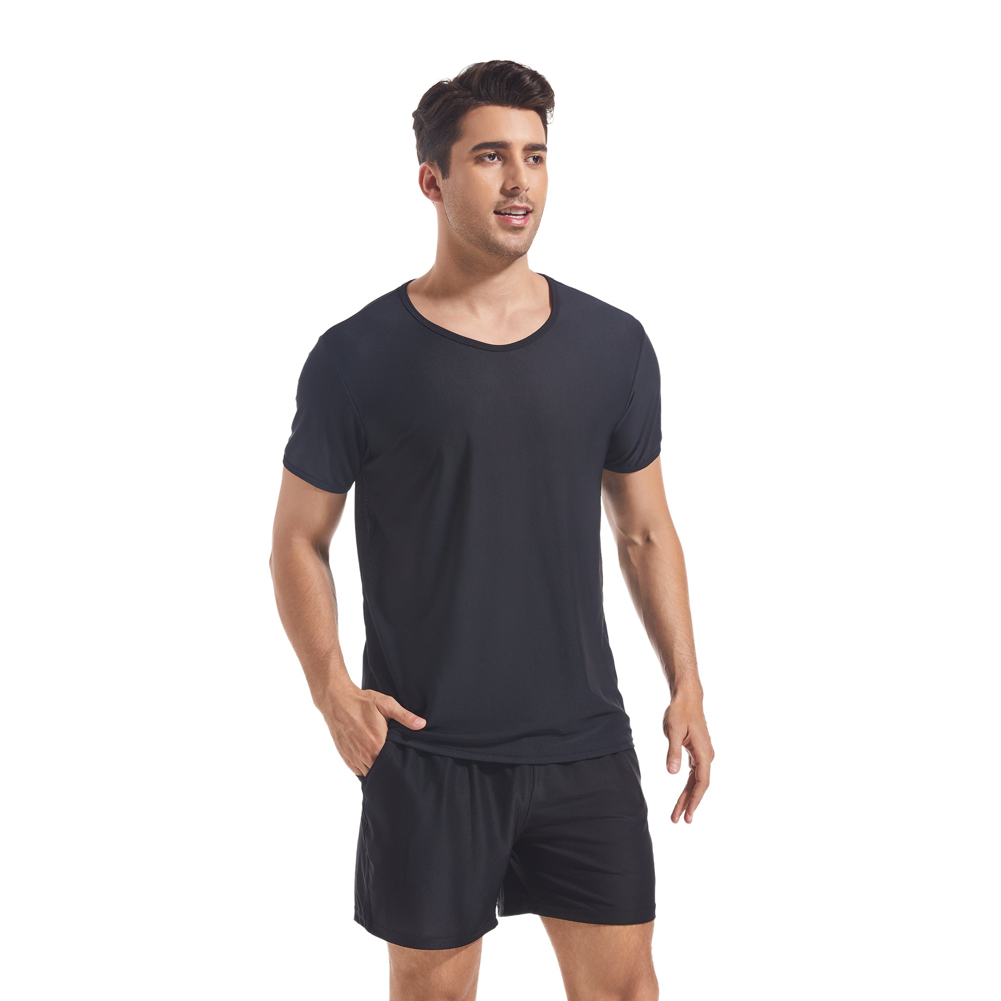 Schwarzes Rundhals-T-Shirt- & Shorts-Set für Herren – Bräunungsfreundlich, minimiert Bräunungslinien, sonnendurchlässige Netz-Bademode, Herren-Poolside-Sportbekleidung, mit Taschen