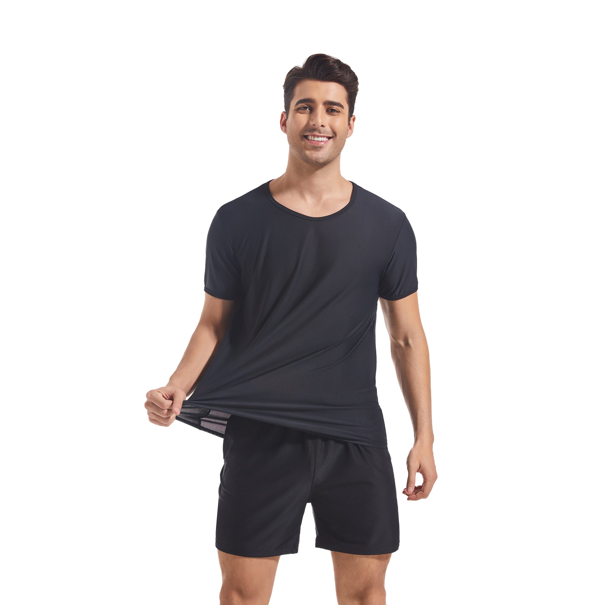 Schwarzes Rundhals-T-Shirt- & Shorts-Set für Herren – Bräunungsfreundlich, minimiert Bräunungslinien, sonnendurchlässige Netz-Bademode, Herren-Poolside-Sportbekleidung, mit Taschen