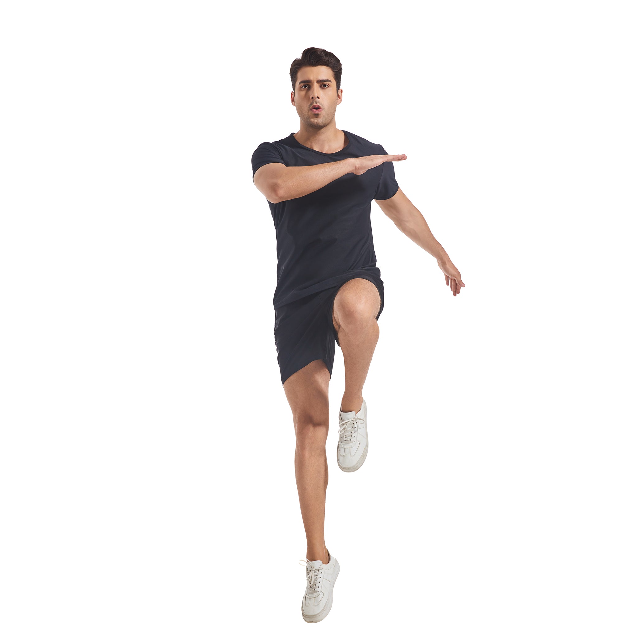 Schwarzes Rundhals-T-Shirt- & Shorts-Set für Herren – Bräunungsfreundlich, minimiert Bräunungslinien, sonnendurchlässige Netz-Bademode, Herren-Poolside-Sportbekleidung, mit Taschen