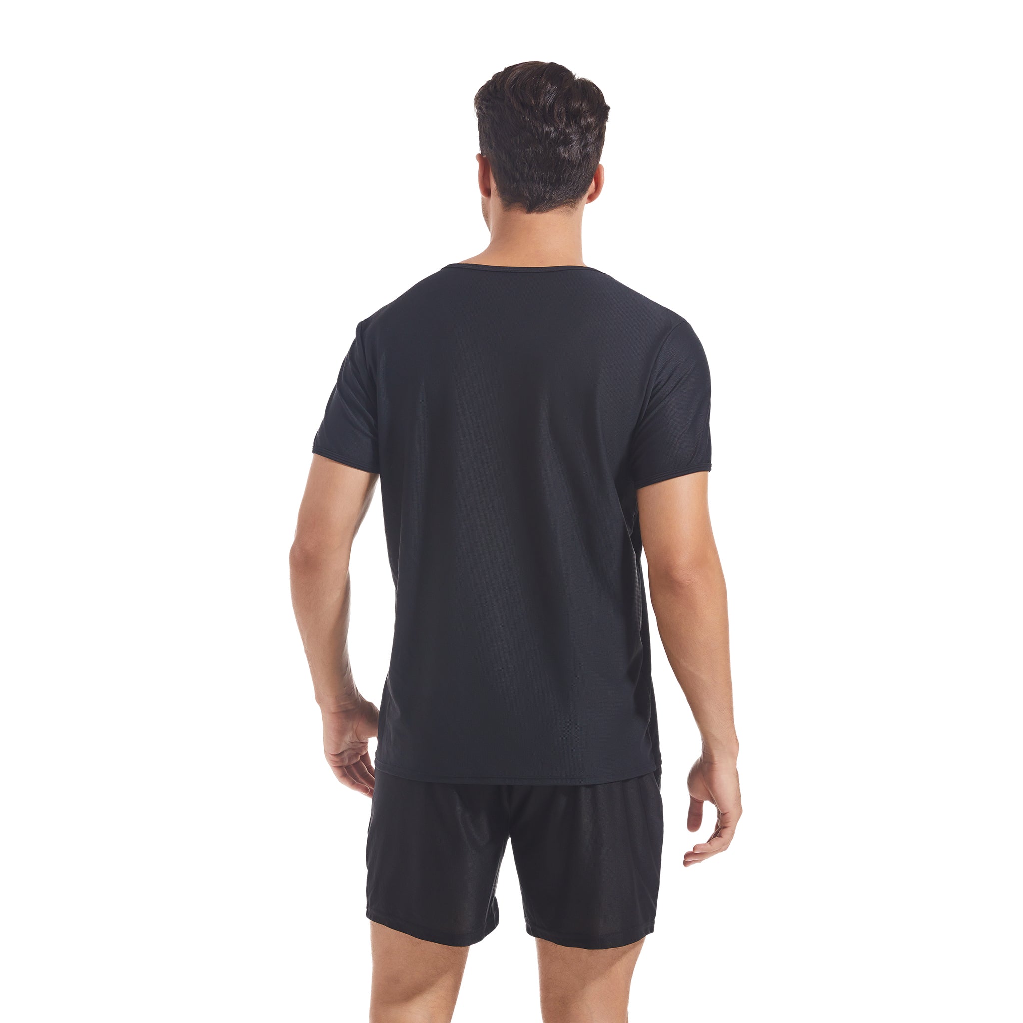 Schwarzes Rundhals-T-Shirt- & Shorts-Set für Herren – Bräunungsfreundlich, minimiert Bräunungslinien, sonnendurchlässige Netz-Bademode, Herren-Poolside-Sportbekleidung, mit Taschen