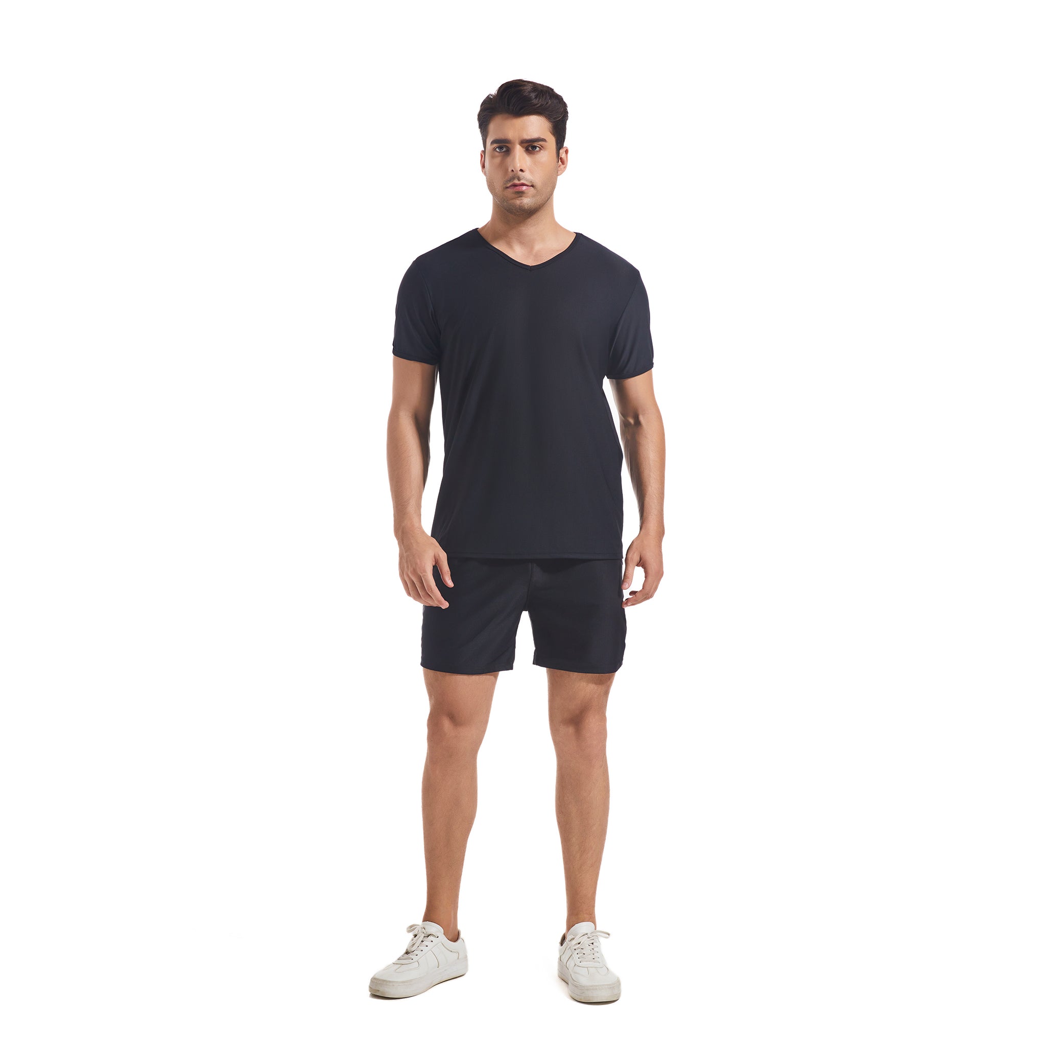 Herren Tan Through Schwarz Rundhals-T-Shirt & Shorts – Sonnenlichtdurchlässig Minimiert Bräunungslinien Mesh Fitness- & Strand-Set Herren Pool-Sportbekleidung mit Taschen