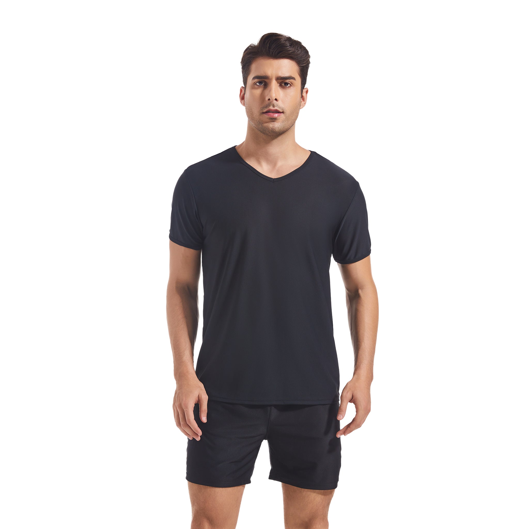 Herren Tan Through Schwarz Rundhals-T-Shirt & Shorts – Sonnenlichtdurchlässig Minimiert Bräunungslinien Mesh Fitness- & Strand-Set Herren Pool-Sportbekleidung mit Taschen