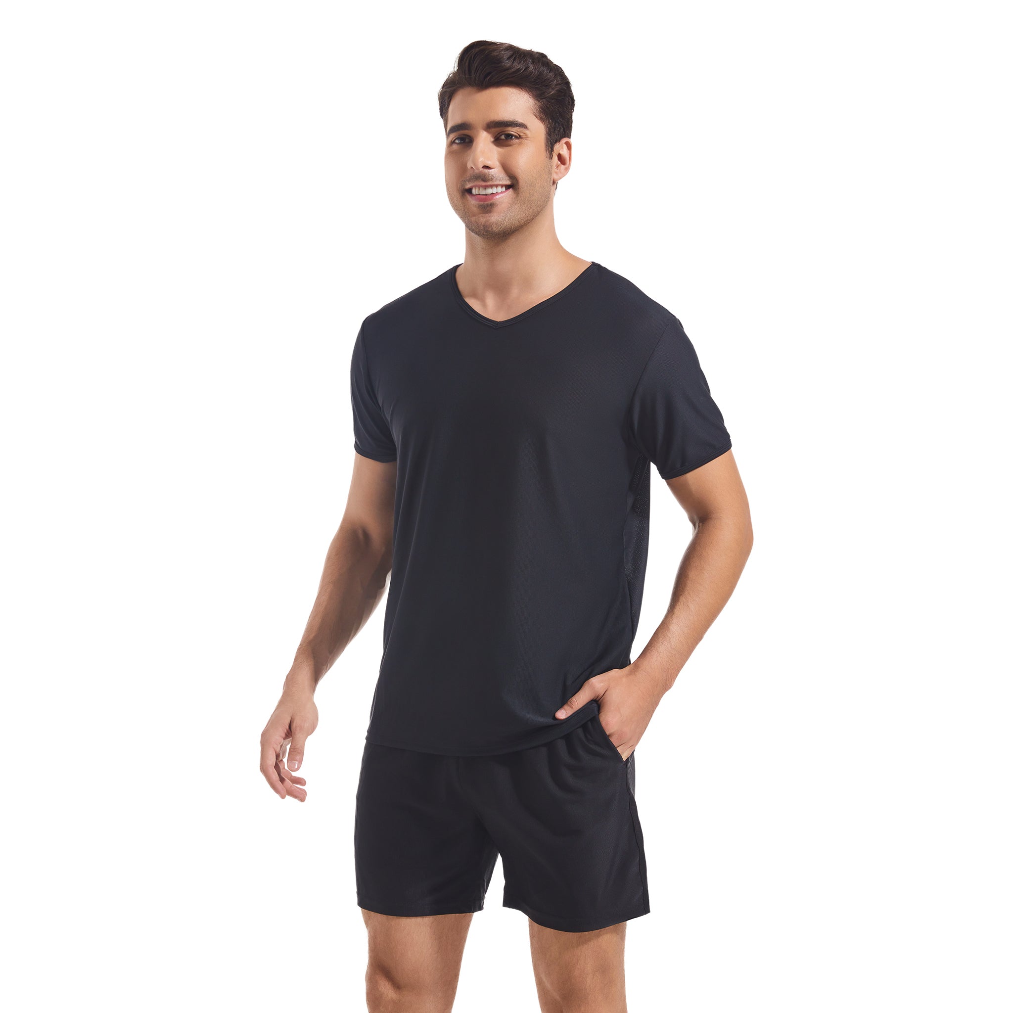 Herren Tan Through Schwarz Rundhals-T-Shirt & Shorts – Sonnenlichtdurchlässig Minimiert Bräunungslinien Mesh Fitness- & Strand-Set Herren Pool-Sportbekleidung mit Taschen