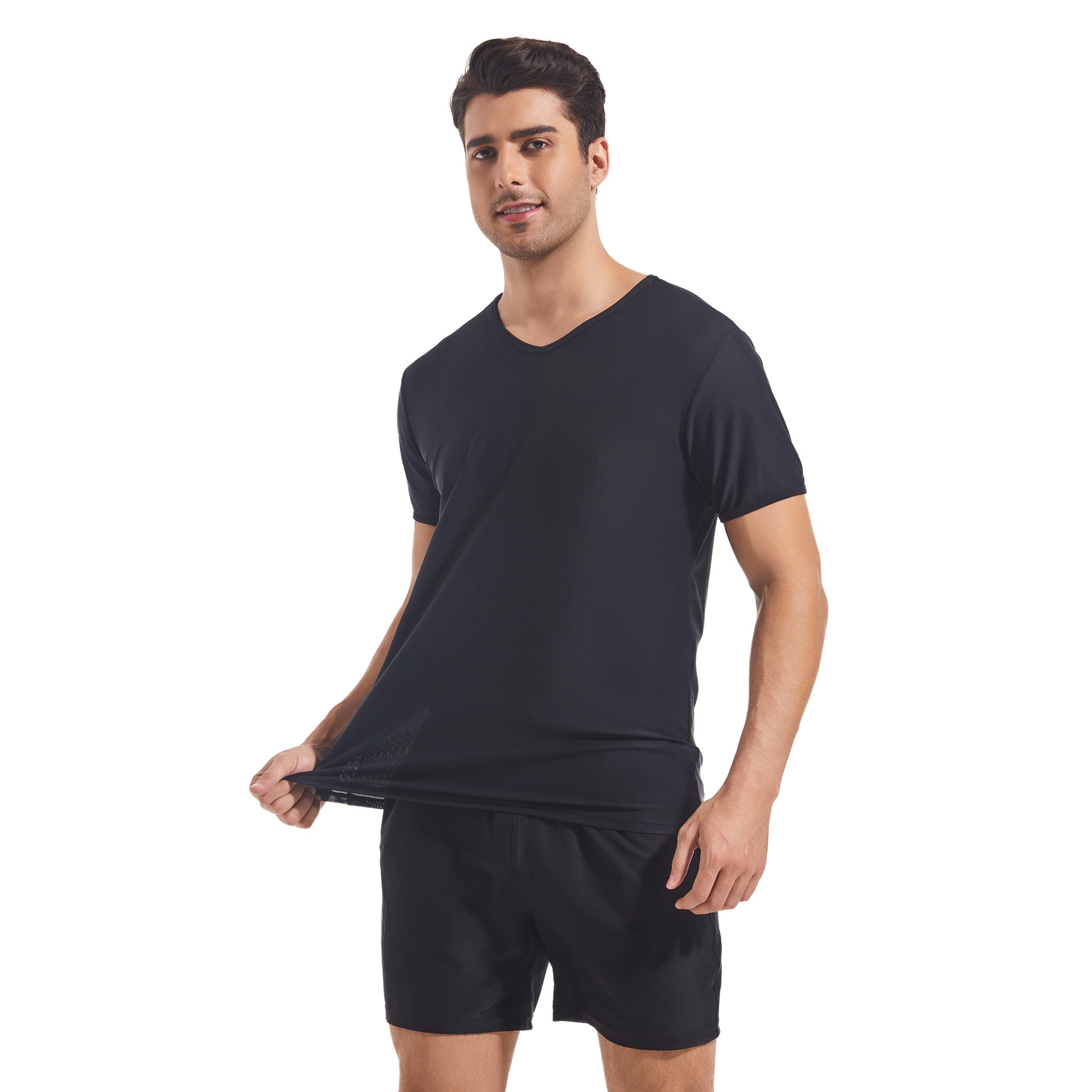 Herren Tan Through Schwarz Rundhals-T-Shirt & Shorts – Sonnenlichtdurchlässig Minimiert Bräunungslinien Mesh Fitness- & Strand-Set Herren Pool-Sportbekleidung mit Taschen
