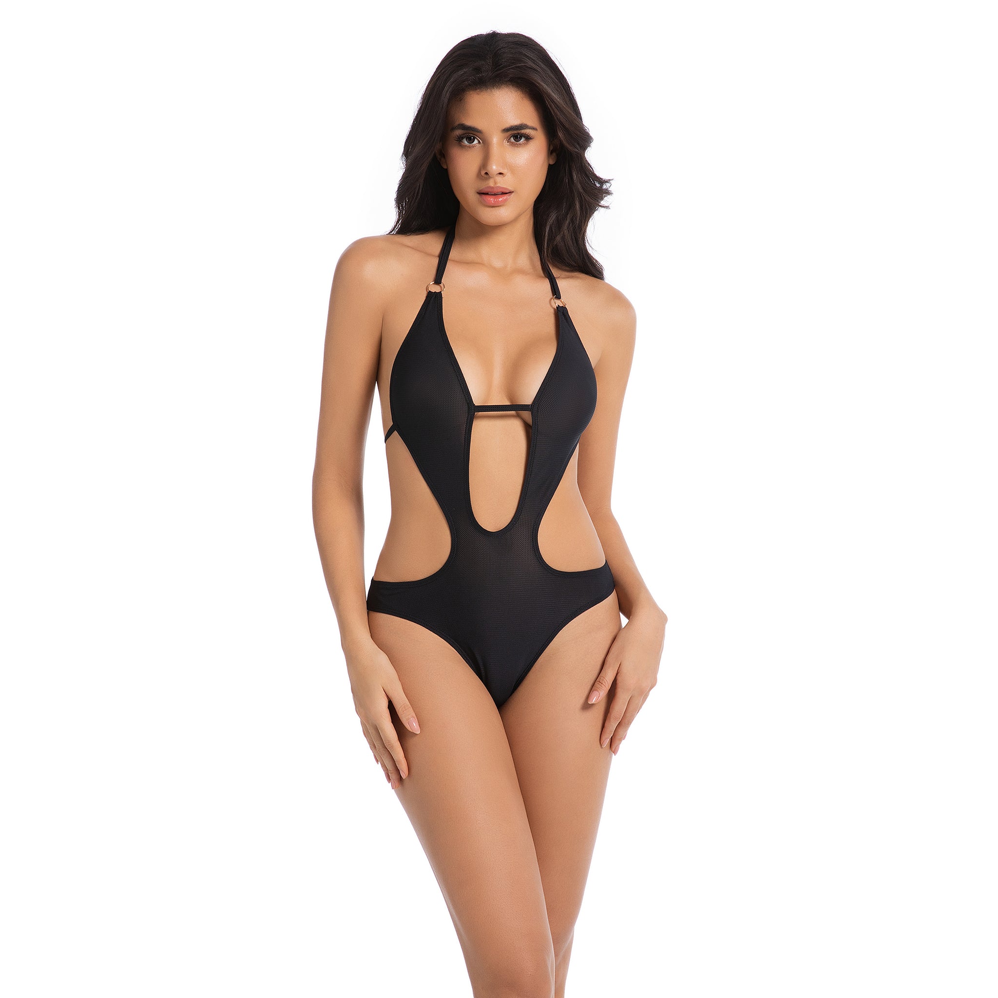 Minimiert Bräunungslinien Einteiliger Badeanzug – Sonnendurchlässiger Plunge Monokini – Atmungsaktiver, schnell trocknender Badeanzug mit Cutouts, Onyx-Schwarz