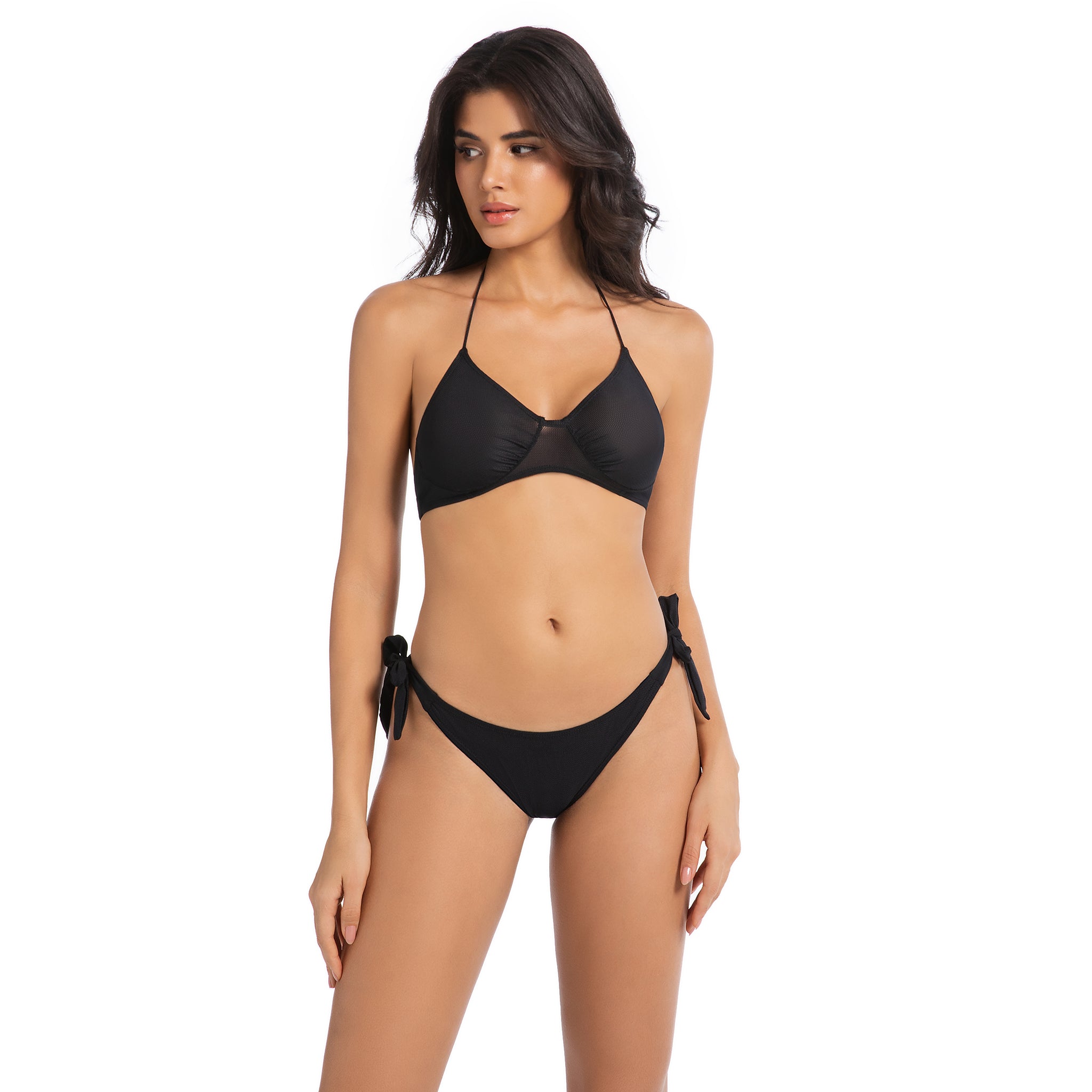 Tan-Through Bikini-Set für minimale Bräunungsstreifen – Sonnenlichtdurchlässiger zweiteiliger Badeanzug – Verstellbarer Neckholder & seitlich gebundenes Triangel-Bikini-Oberteil, Onyx-Schwarz