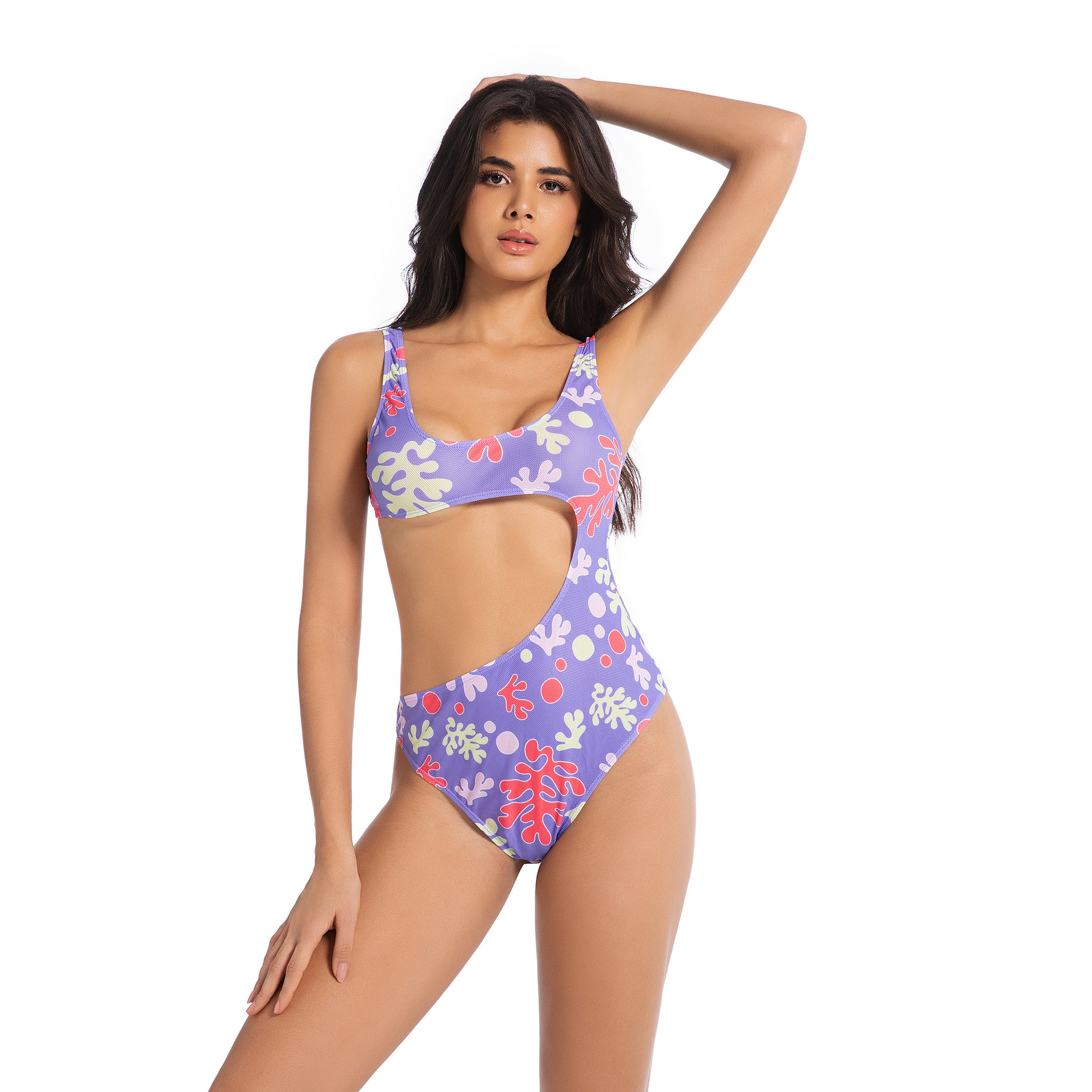 Gemusterter Tan-Through Einteiler für Damen mit Korallen-Print – Minimiert Bräunungslinien Asymmetrischer Cutout Monokini – Gerippter High-Cut Cheeky Damen-Badeanzug Damen-Bademode