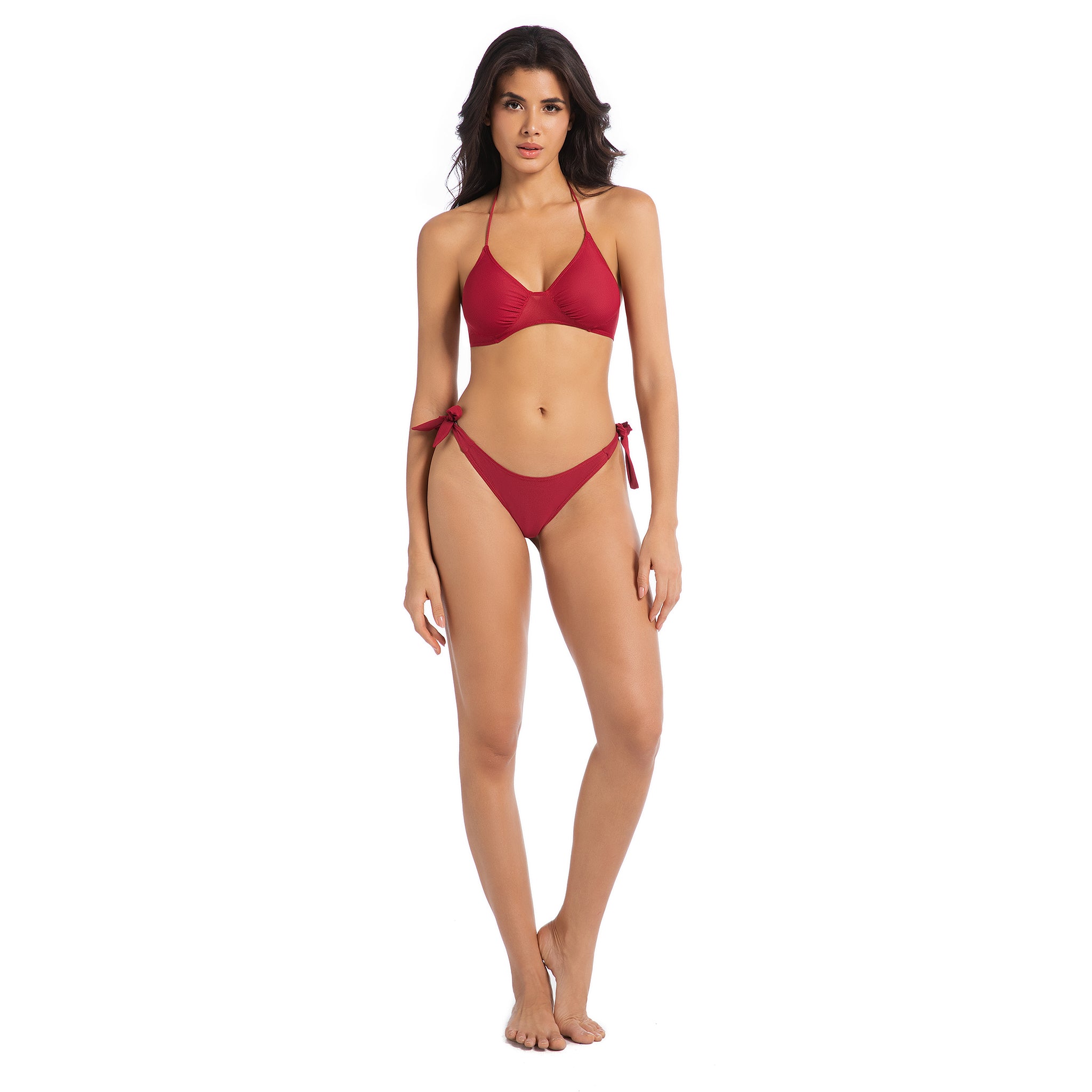 Sonnenbrand Minimieren Tan Through Bikini Set für Damen - Kirschrot UV-durchlässige 2-teilige Bademode für Damen - Geraffter Neckholder Gerippter Mesh-Einsatz seitlich gebundener Badeanzug