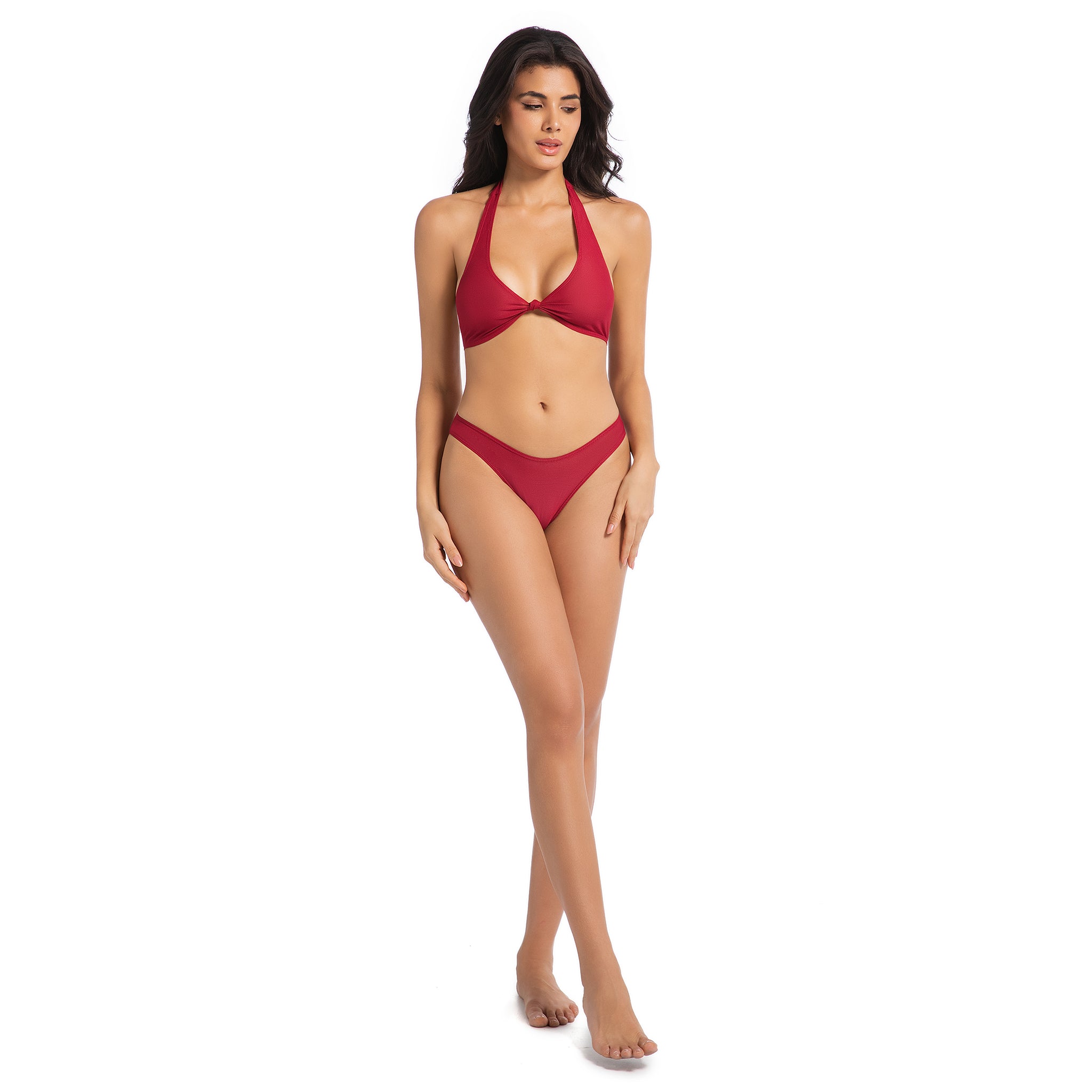 Minimiert Bräunungslinien Tan Through Damen Bikini Set – Kirschrot UV-durchlässiger 2-teiliger Badeanzug für Damen – Neckholder mit Knotendetail, gerippt, Mid-Rise