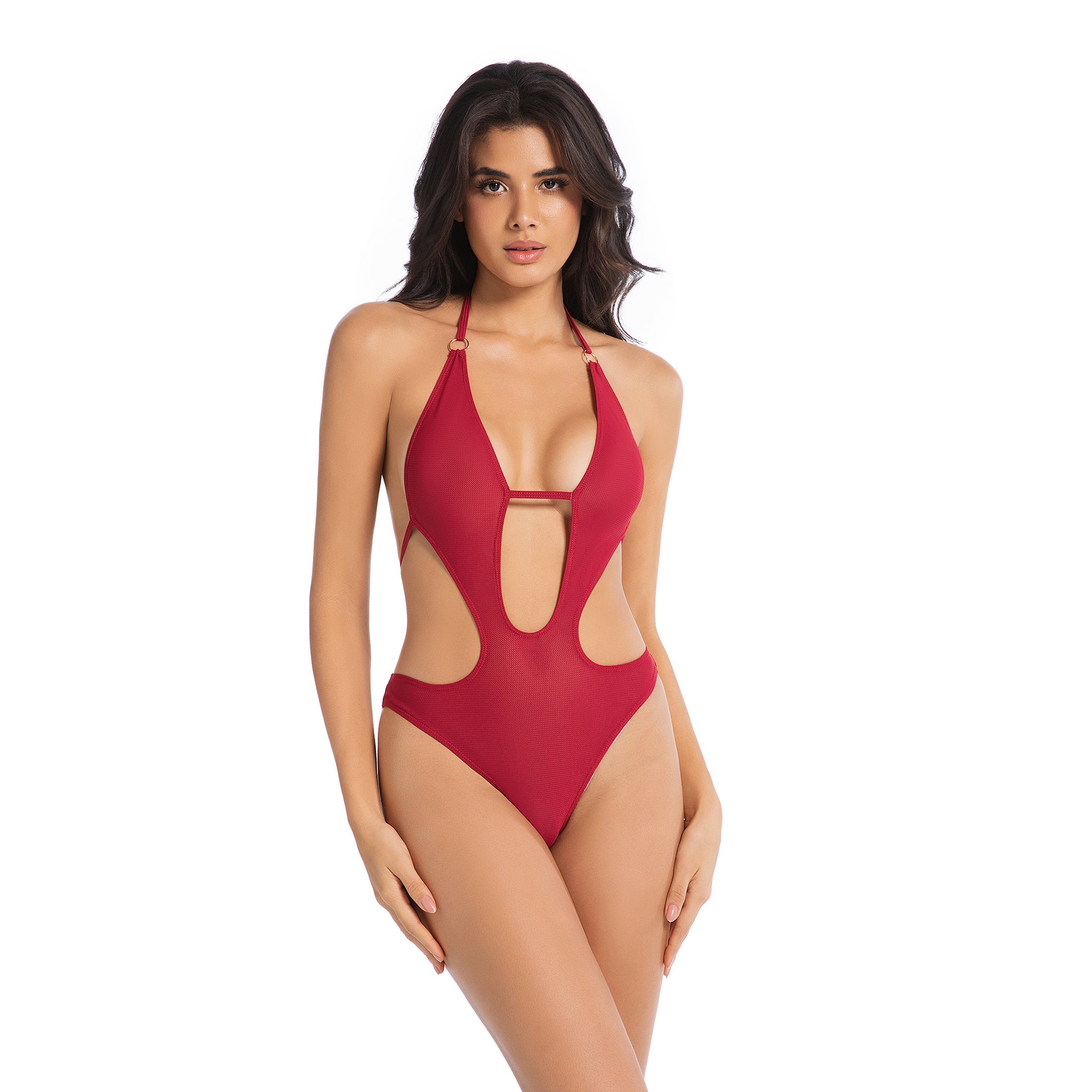Damen kirschroter, bräunungsfreundlicher Einteiler – Badeanzug mit Goldring, Neckholder und Cut-Outs – Minimiert Bräunungsstreifen, UV-durchlässig, gerippter Damen-Badeanzug mit tiefem V und hohem Beinausschnitt
