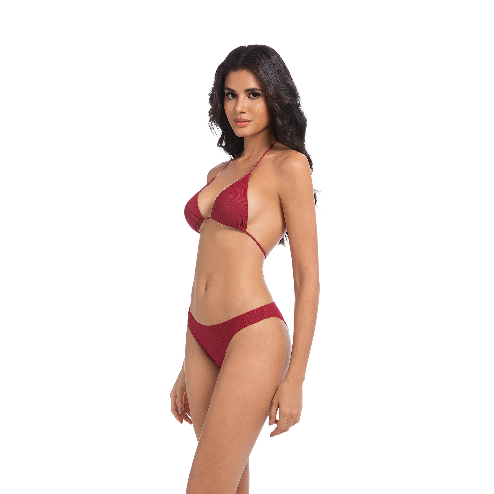 Damen Kirschrot Sonnen-Bikini-Set – Triangel-Neckholder 2-teilige Bademode – Minimiert Bräunungslinien UV-durchlässiger Gerippter Minimal High Cut Badeanzug für Damen