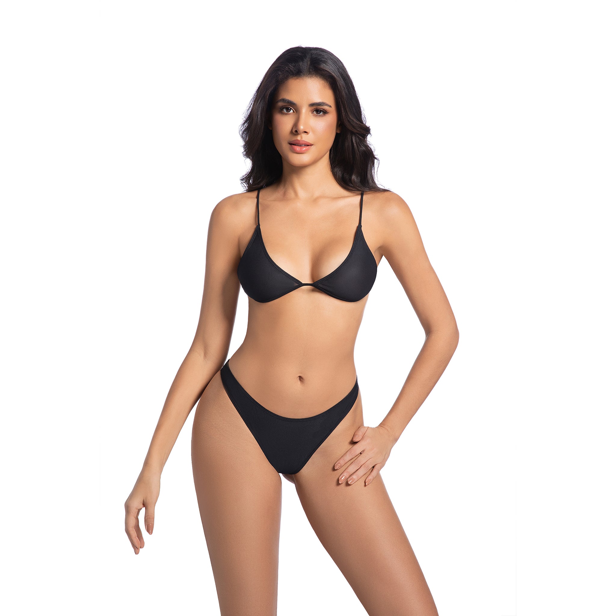 Sonnenbräune-Bikini-Set – Minimiert Sonnenbräunungslinien, UV-durchlässiger Badeanzug – Zweiteiliger verstellbarer Spaghettiträger-Badeanzug mit fester Hose, Onyxschwarz
